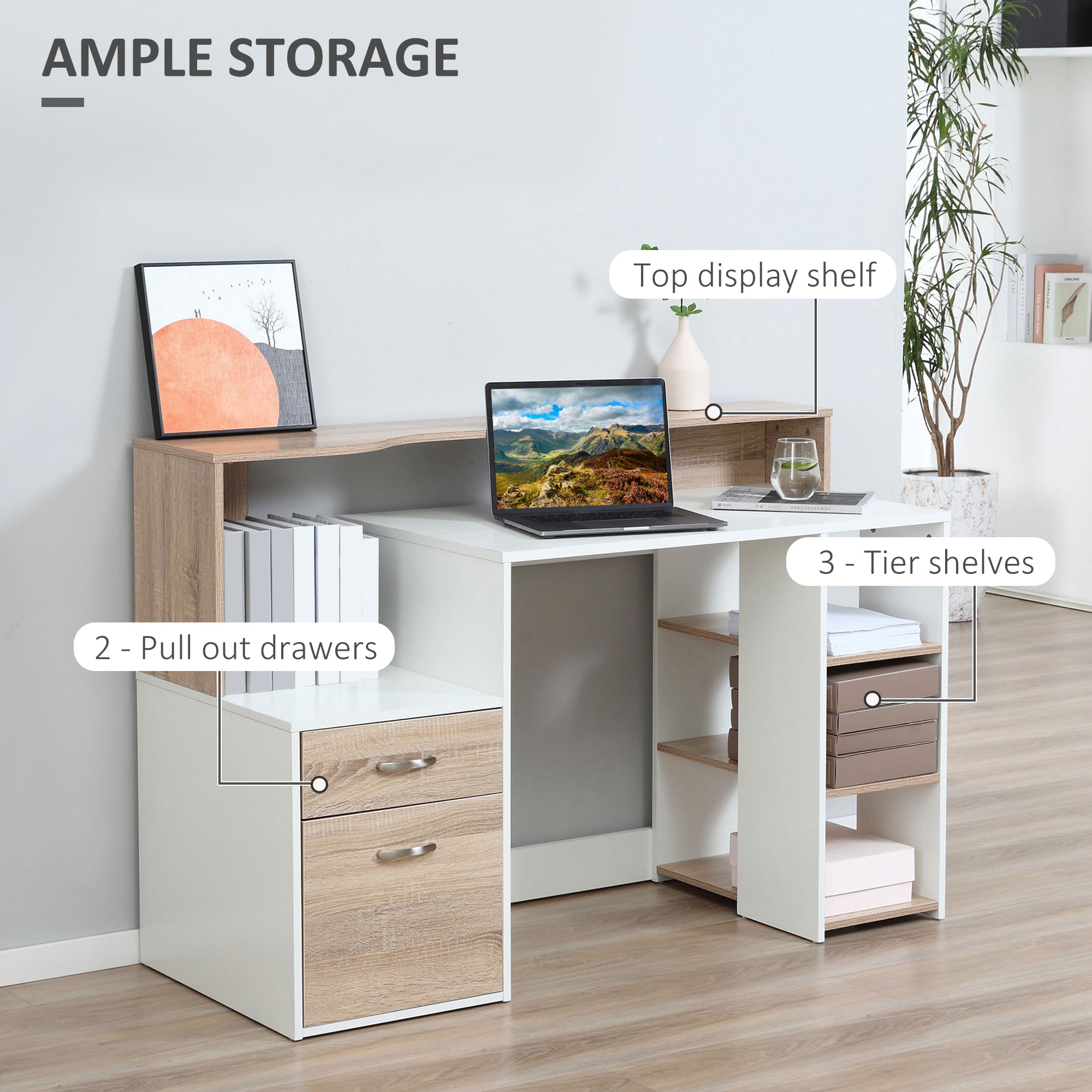 HOMCOM Computer Desk with Drawers and Storage Shelves, Reception Desk, Study Workstation for Home Office, 137 x 55 x 92cm, Oak and White - anydaydirect