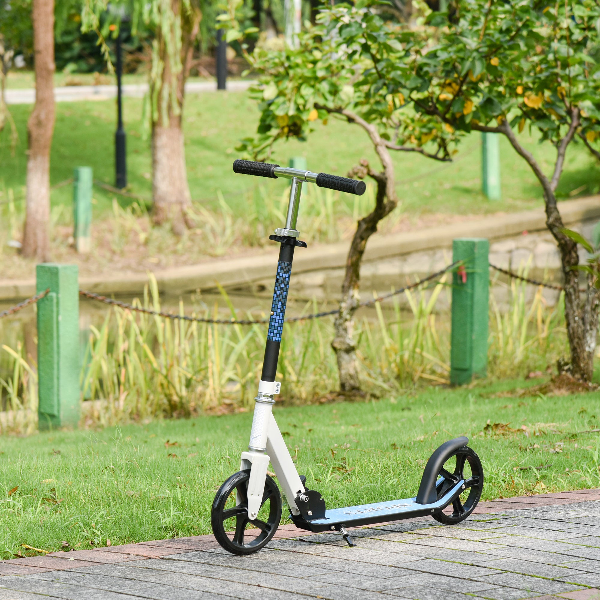 HOMCOM 2 Wheel Kids Stunt Kick Scooter Foldable Teens Commuter Aluminium Frame Adjustable Handles - White Blue - anydaydirect