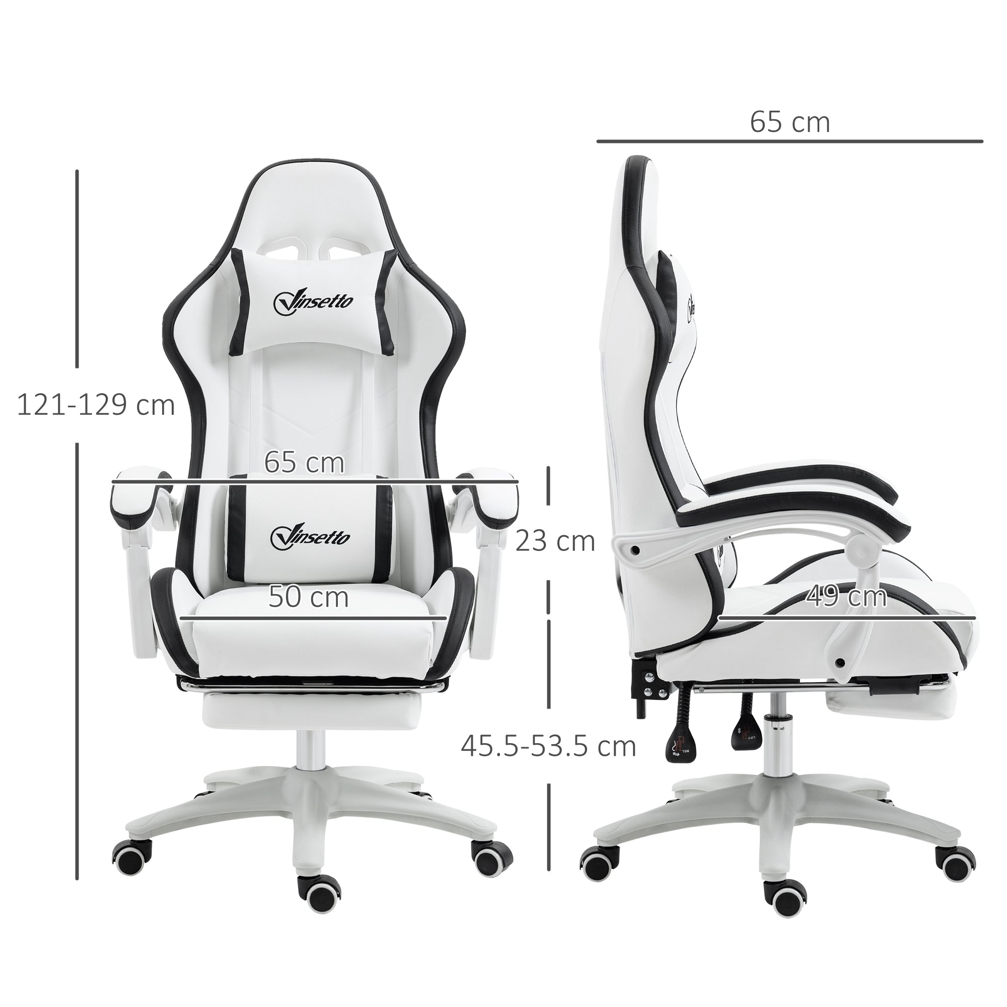 Vinsetto Computer Gaming Chair, PU Leather Desk Chair with Footrest, Swivel Task Chair with 135° Reclining Back and Lumbar Support, PC Chair for Adults, White and Black - anydaydirect