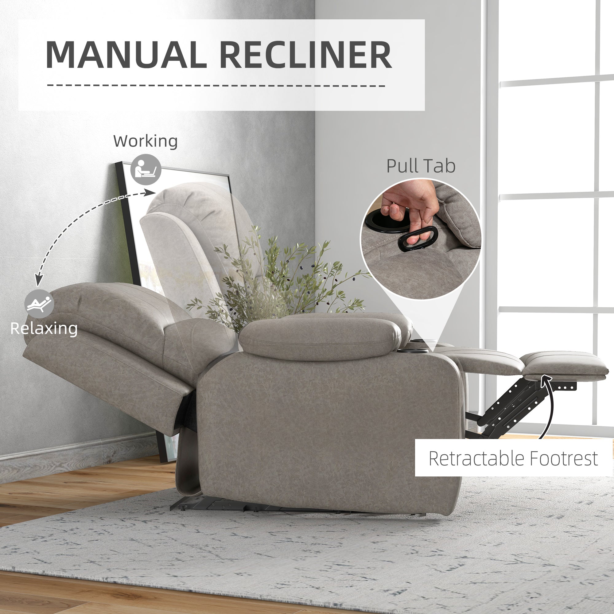 HOMCOM Recliner Chair, Microfibre Reclining Chair with Adjustable Leg Rest, Cup Holders, Recliner Armchair for Home Living Room, Brown - anydaydirect