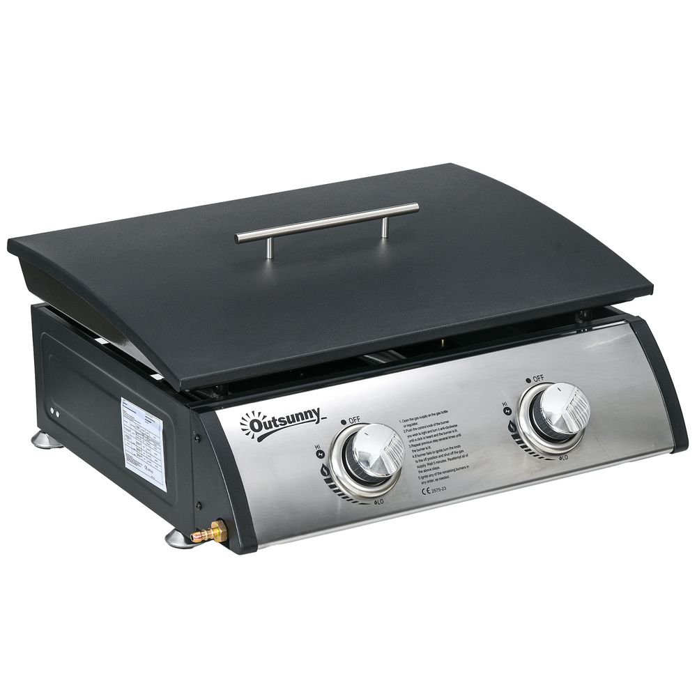 Outsunny Portable Gas Plancha BBQ Grill with 2 Stainless Steel Burner, 10kW - anydaydirect