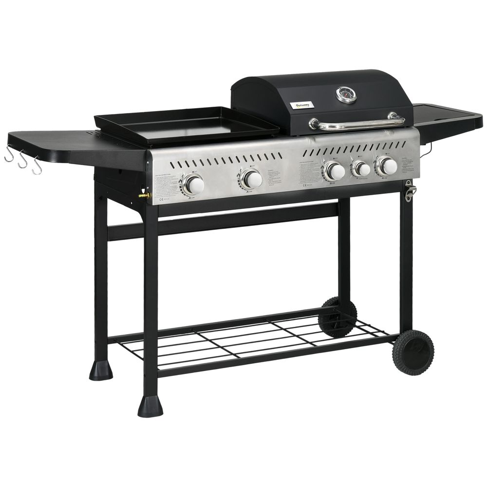 Outsunny Gas Grill and Plancha with 15 kW 4+1 Burners for Garden Party Festival - anydaydirect