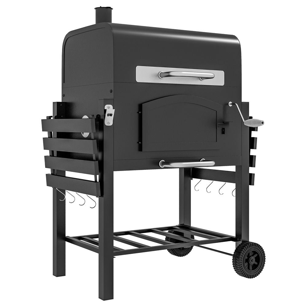 Outsunny Charcoal Grill BBQ Trolley w/ Adjustable Charcoal Height & Thermometer - anydaydirect