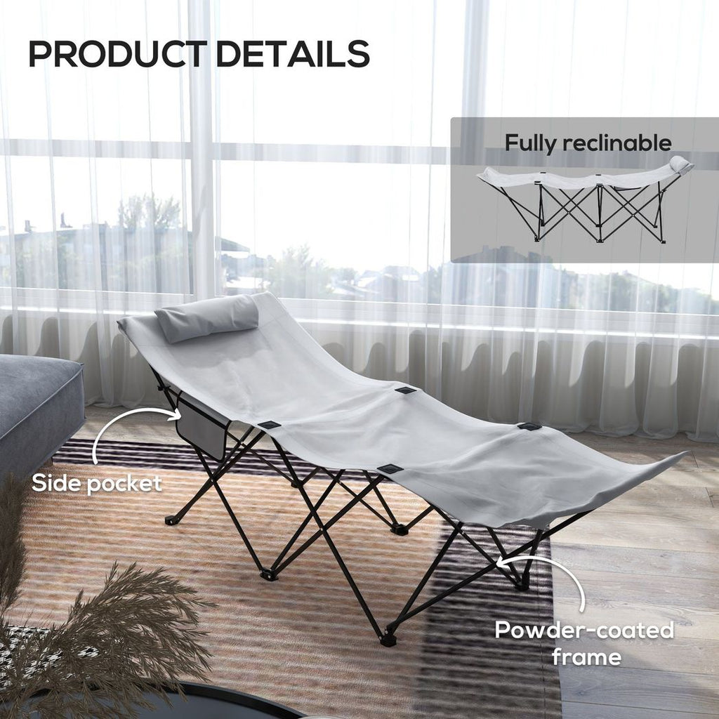 Outsunny Foldable Sun Lounger w/ Side Pocket, Oxford Headrest Sun Lounger, Grey - anydaydirect