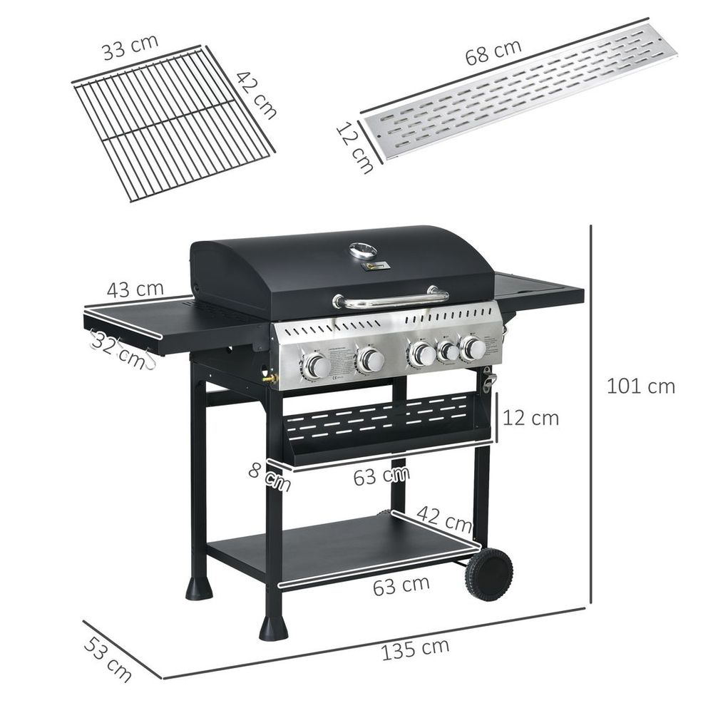 Outsunny 4+1 Burner Propane Gas Barbecue Grill with Thermometer, Bottle Opener - anydaydirect