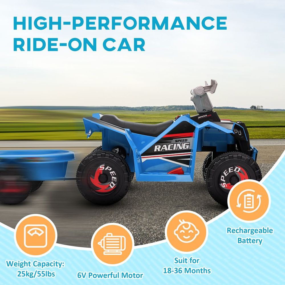 HOMCOM Electric Quad Bike, 6V Kids Ride-On ATV with Back Trailer - Blue - anydaydirect