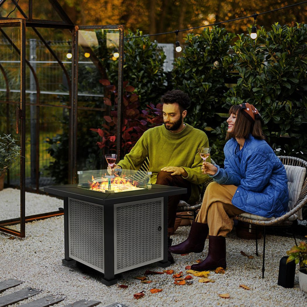 Outsunny Outdoor Propane Gas Fire Pit Table w/ Wind Screen & Glass Beads, Grey - anydaydirect