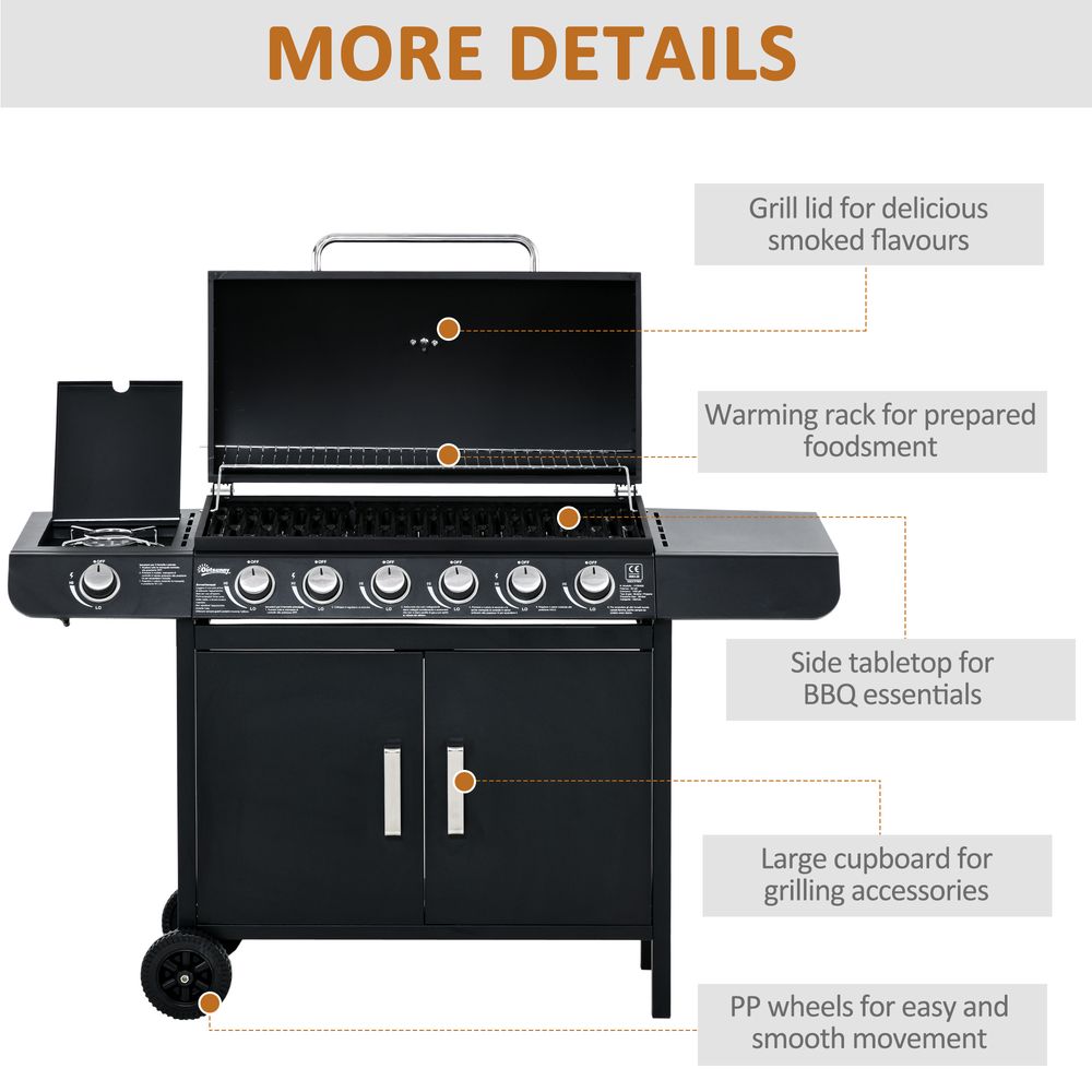 Outsunny 6+1 Burner Gas BBQ Grill Garden Barbecue with Wheels, Cabinet - anydaydirect