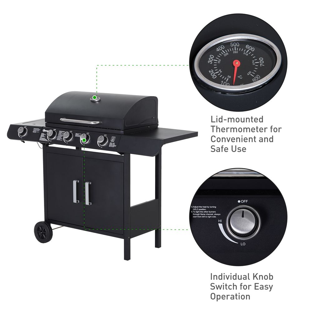4+1 Gas BBQ Grill with Wheels, Steel-Black - anydaydirect