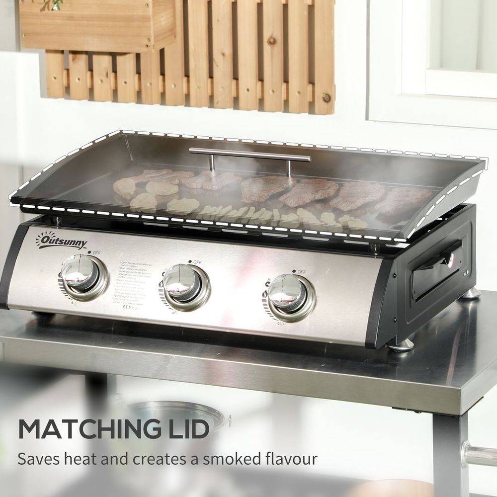 Outsunny Portable Gas Plancha BBQ Grill with 3 Burners, Non-Stick Griddle, Lid - anydaydirect