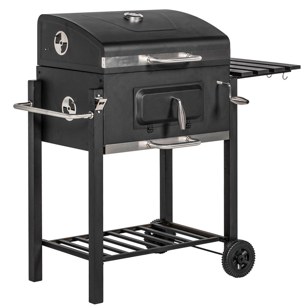 Outsunny Charcoal Grill BBQ Trolley Wheels Shelf Side Thermometer Steel Black - anydaydirect
