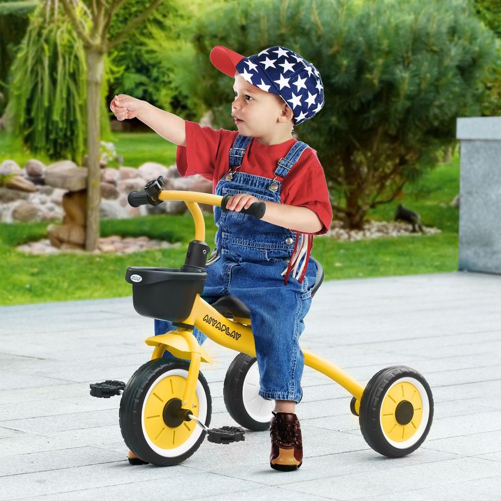 AIYAPLAY Trike with Adjustable Seat Basket Kids Tricycle for 2-5 Year Old Yellow - anydaydirect