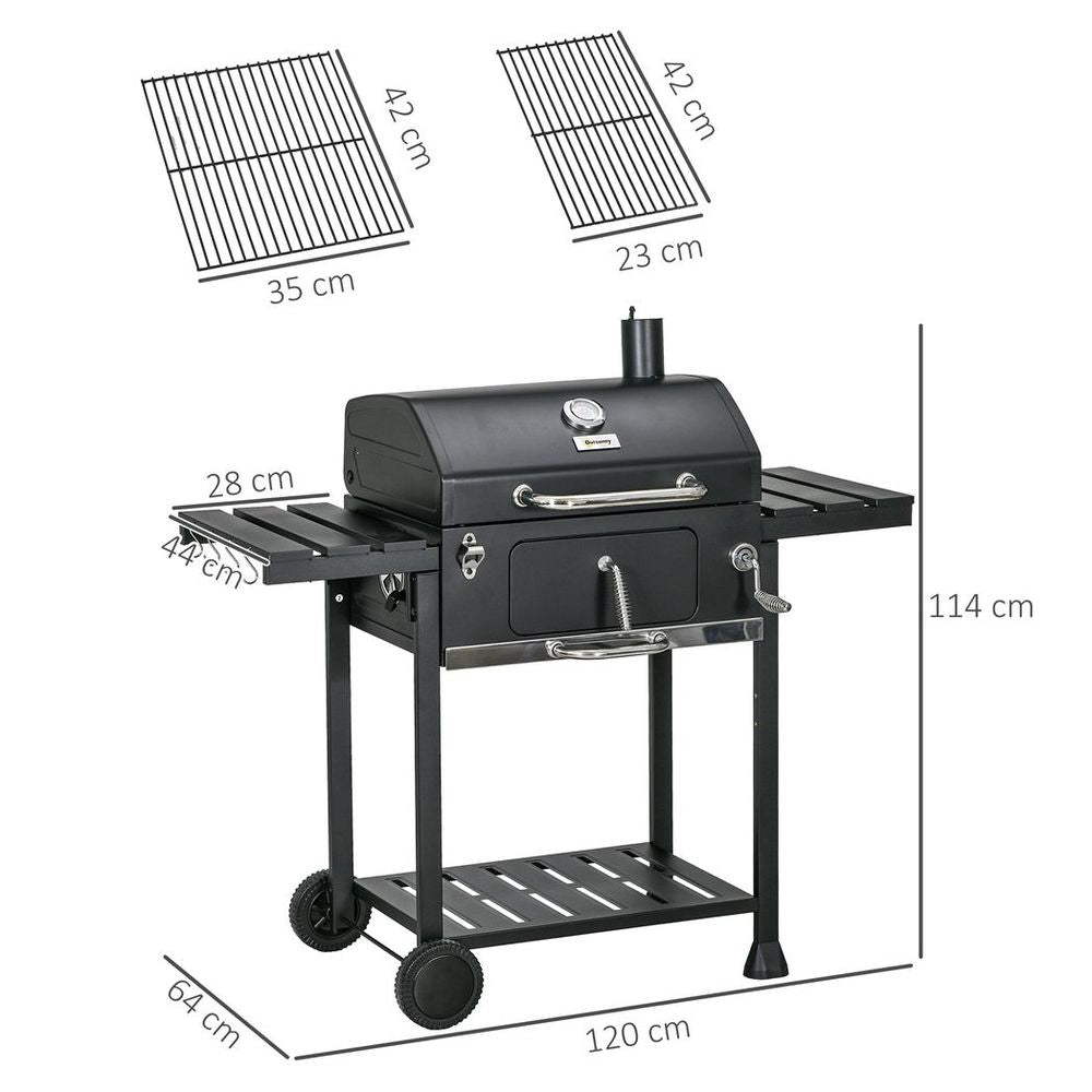 Charcoal BBQ Grill Smoker Trolley with Shelves, Bottle Opener and Wheels - anydaydirect