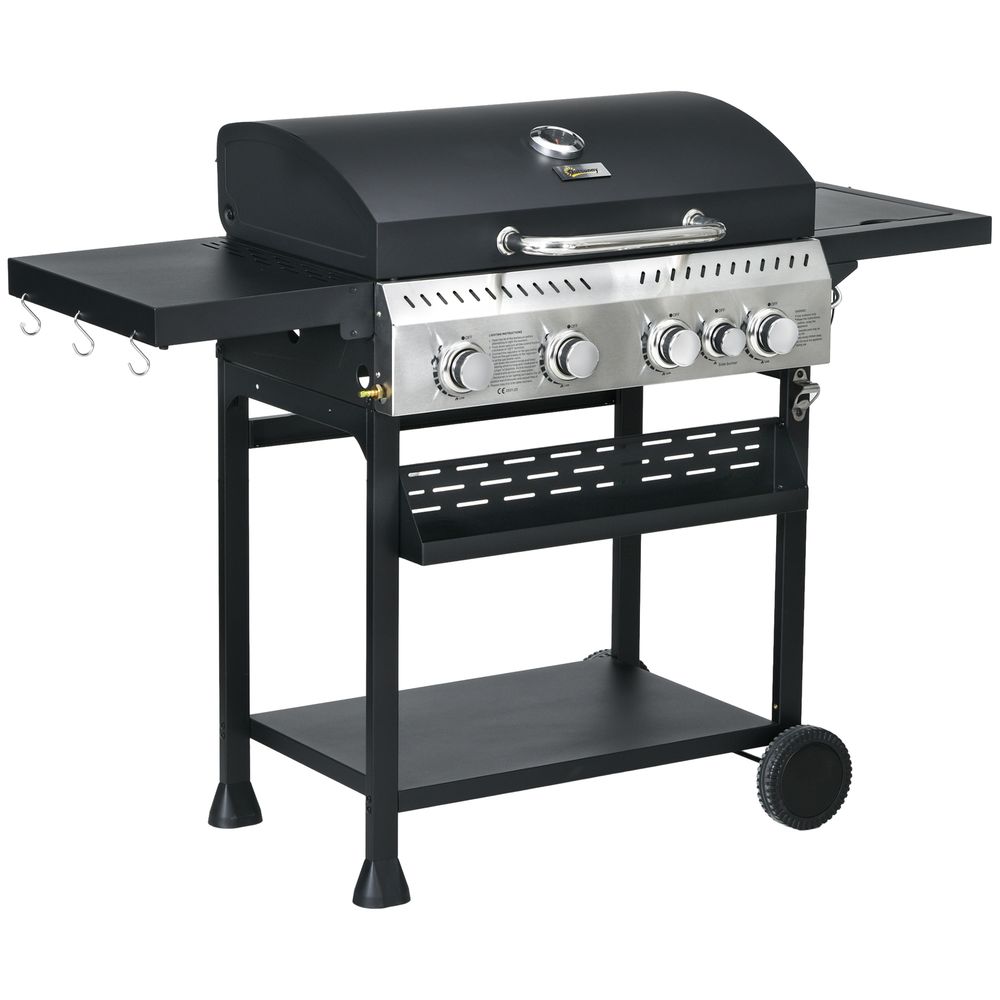 Outsunny 4+1 Burner Propane Gas Barbecue Grill with Thermometer, Bottle Opener - anydaydirect