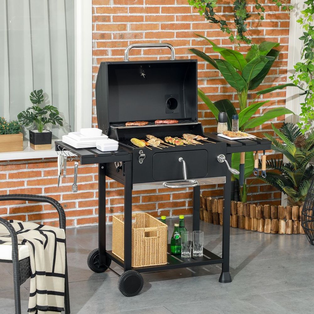 Charcoal BBQ Grill Smoker Trolley with Shelves, Bottle Opener and Wheels - anydaydirect