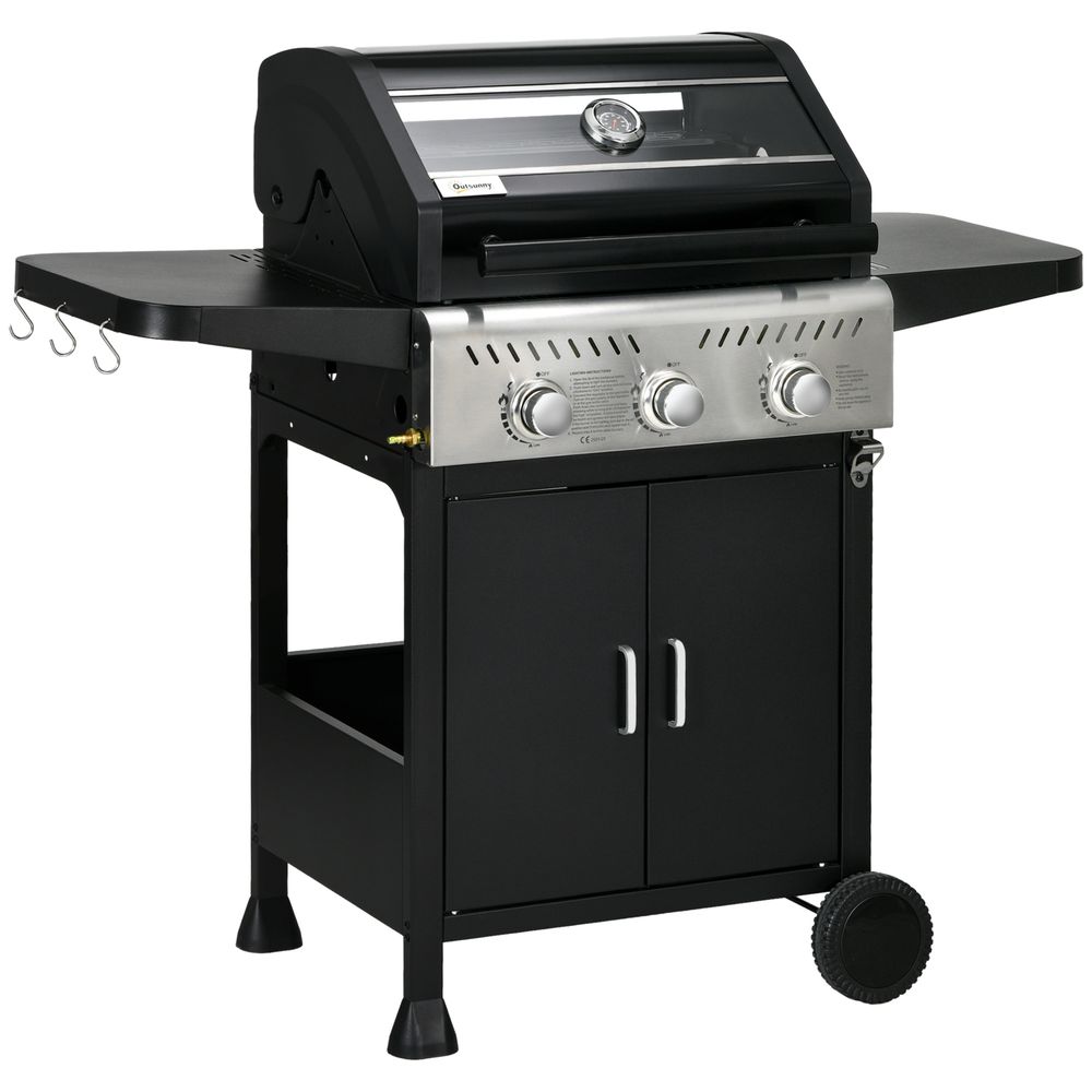 Outsunny 3 Burner Propane Gas BBQ Grill with See-through Lid and Thermometer - anydaydirect