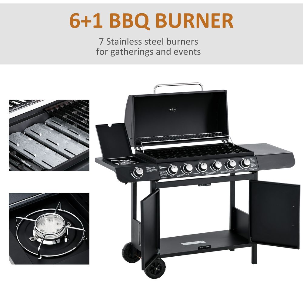 Outsunny 6+1 Burner Gas BBQ Grill Garden Barbecue with Wheels, Cabinet - anydaydirect