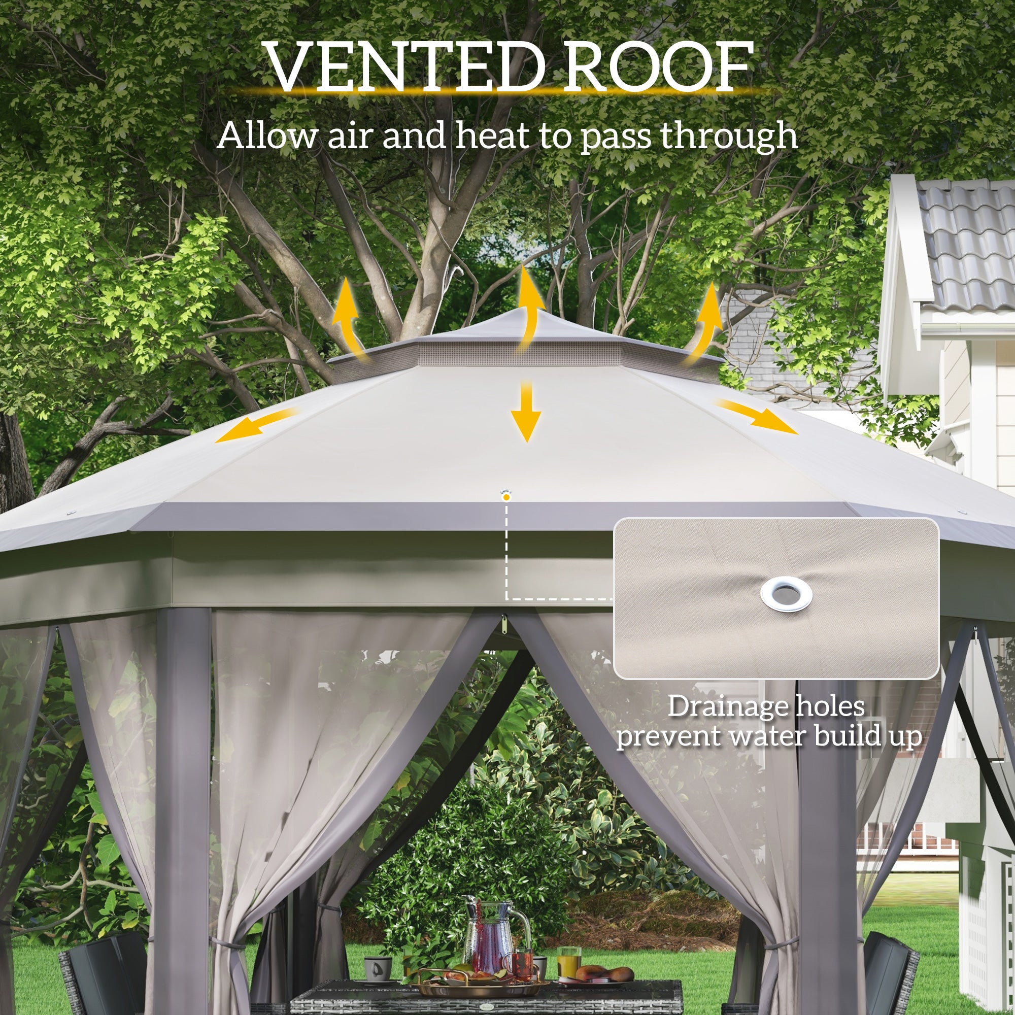 Outsunny 3 x 4m Garden Gazebo Hexagon Pop Up Party Tent Canopy Double Roof Instant Shelter with Netting and Carry Bag for Outdoor Patio, Beige - anydaydirect