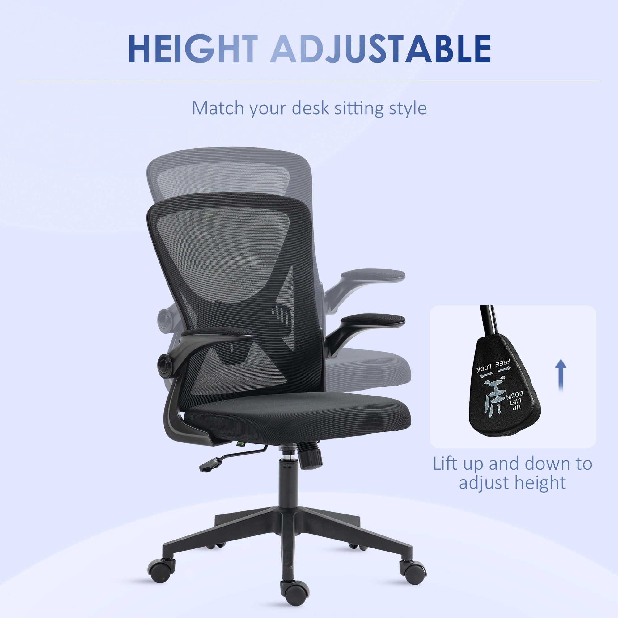 Vinsetto Mesh Back Office Chair, with Flip-Up Arms - Black - anydaydirect
