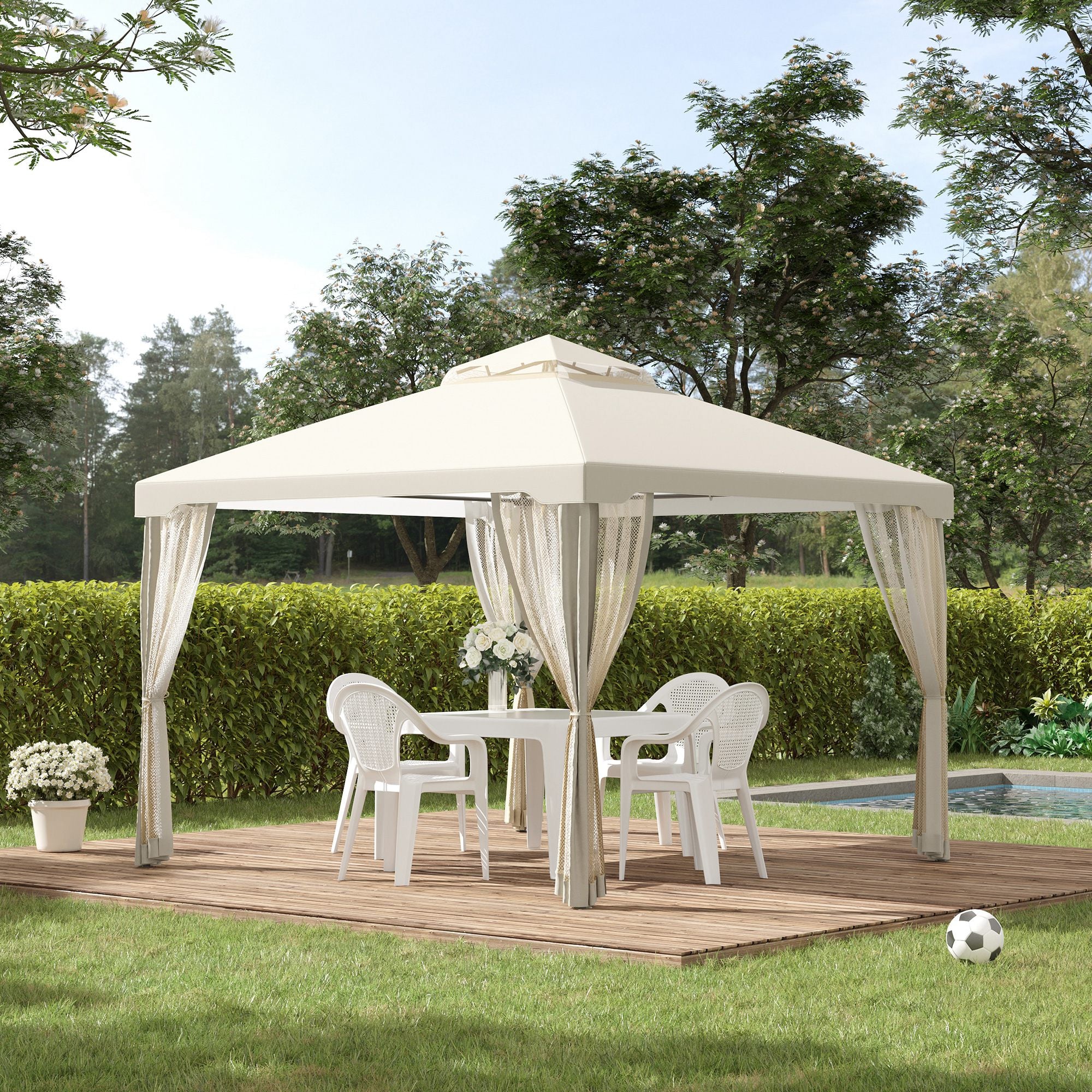 Outsunny 3 x 3 m Metal Gazebo, Garden Pavillion, Double Roof Outdoor Canopy Shelter with Mesh Sidewalls, Cream White - anydaydirect