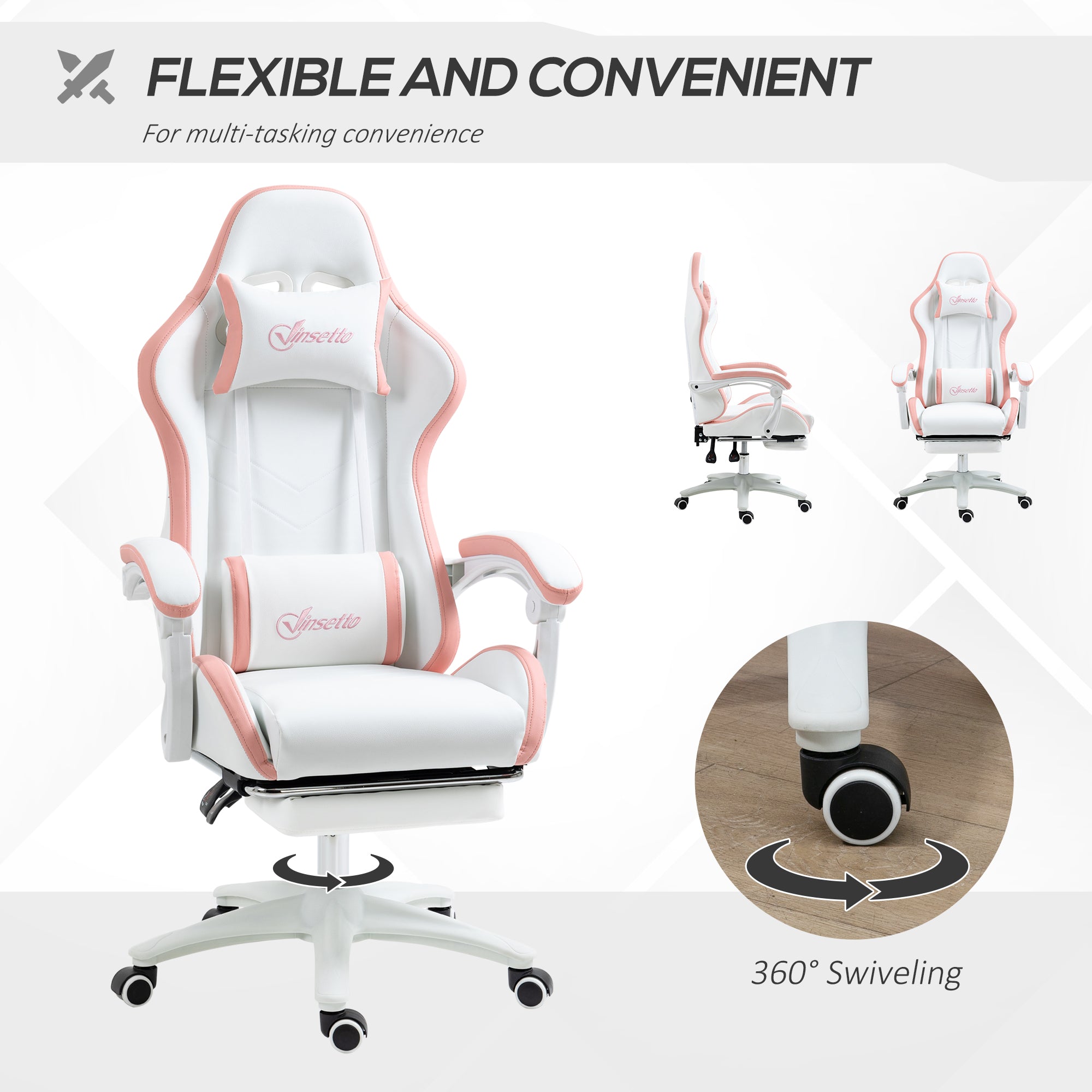 Vinsetto Computer Gaming Chair, PU Leather Desk Chair with Footrest, Swivel Task Chair with 135° Reclining Back and Lumbar Support, PC Chair for Adults, White and Pink - anydaydirect