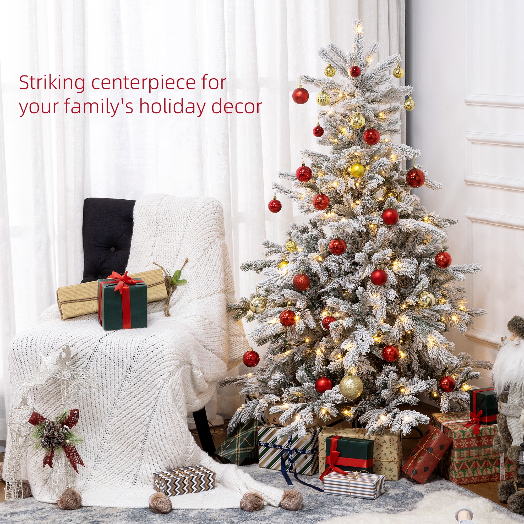 HOMCOM 5ft Prelit Snow Flocked Artificial Christmas Tree with Warm White LED Light and 931 Tips, Metal Base, Snowy Realistic Xmas Tree - anydaydirect