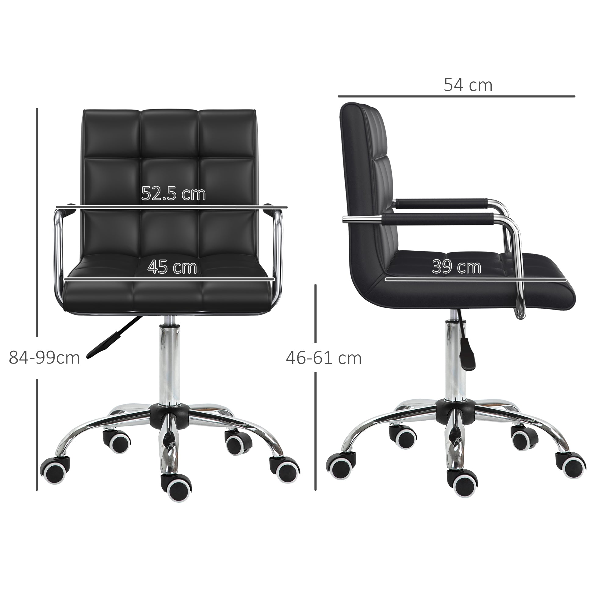 Vinsetto Office Chair, Makeup Vanity Chair, Mid Back Computer Chair, PU Leather Swivel Study Chair with Adjustable Height, Armrest and Rolling Wheels, Black - anydaydirect