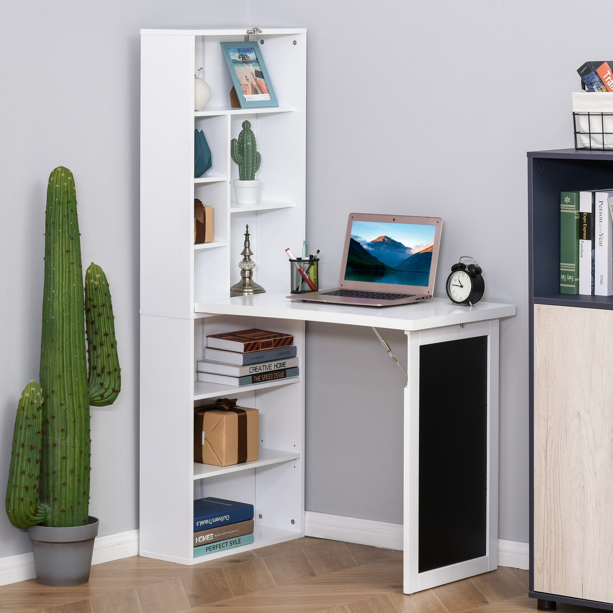 HOMCOM Wall Mounted Computer Desk, Folding Study Table with Black Board and Bookshelf, Multifunctional Floating Writing Desk for Home Office, White - anydaydirect