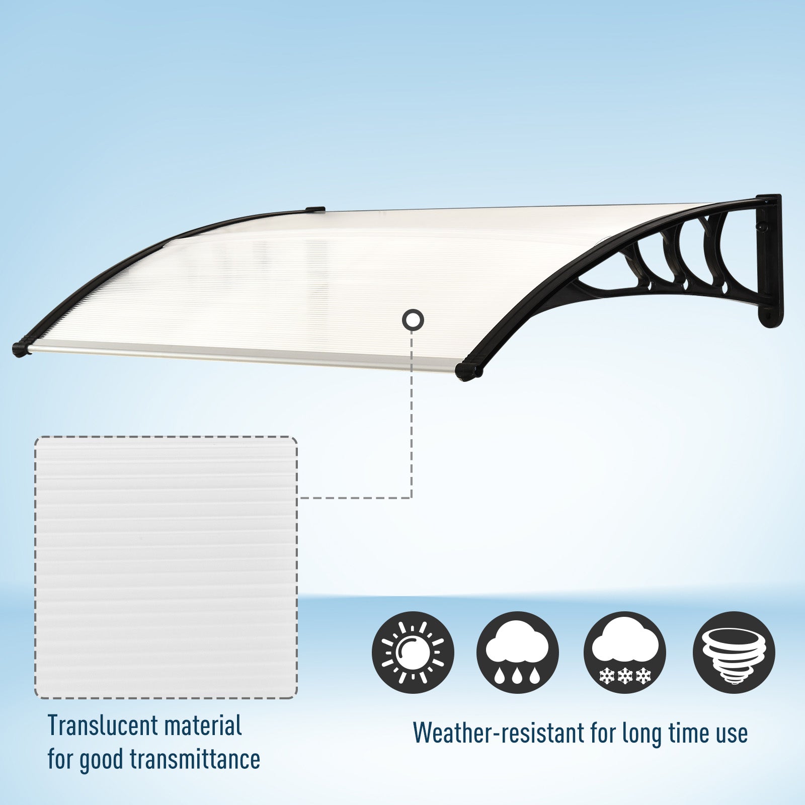 Outsunny Curved Window Door Canopy Aluminium Rigid Plastic Polycarbonate Fixed Outdoor Awning Modern Design UV Water Rain Resist 120 x 75cm White - anydaydirect