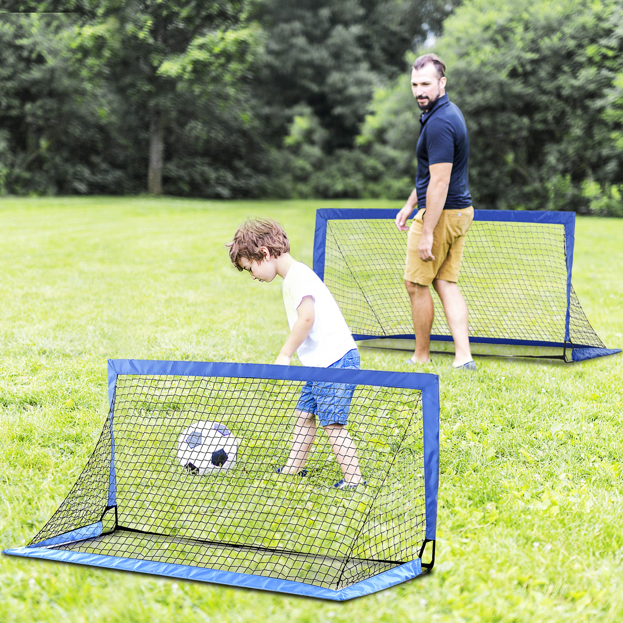 HOMCOM Set of 2 Football Goal Net 6 x 3 ft Foldable Outdoor Sport Training Teens Adults Football with Carrying Bag Blue - anydaydirect