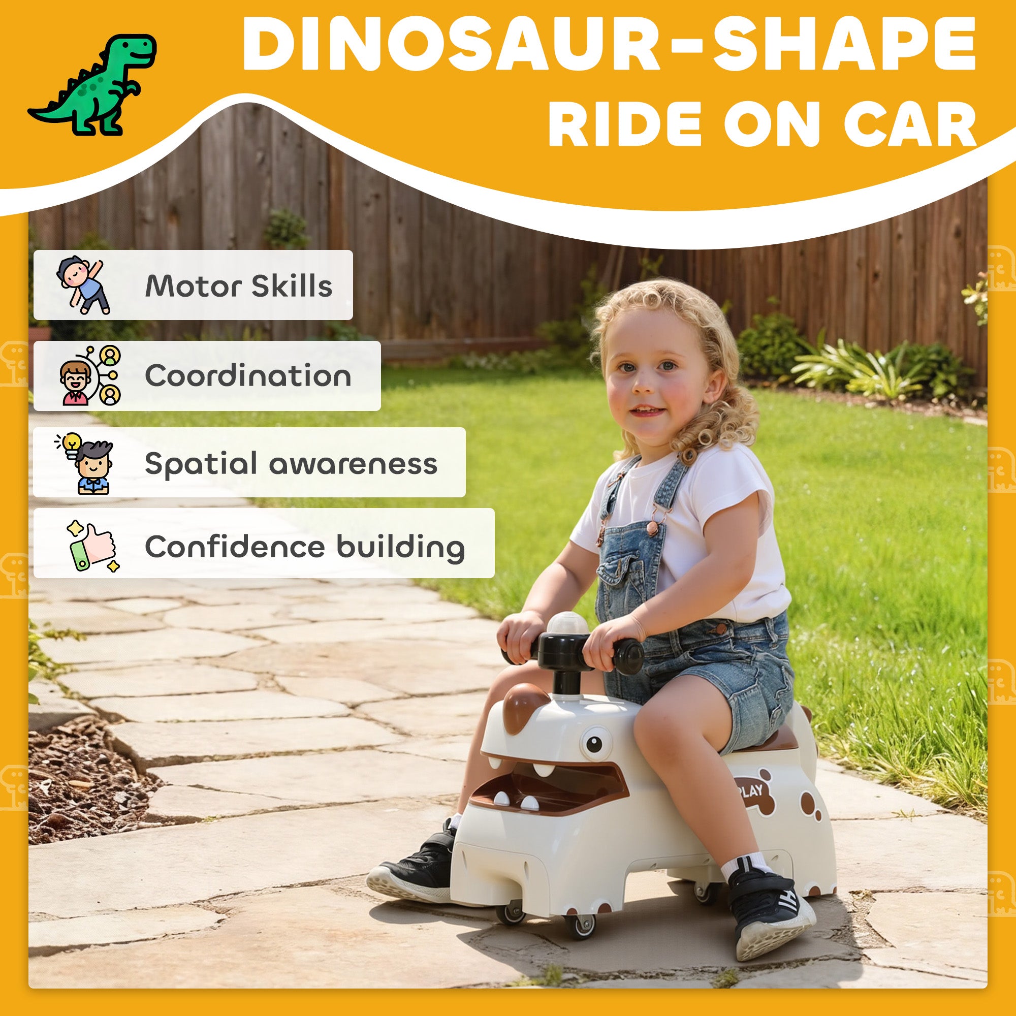 AIYAPLAY Kids Ride On Car, Dinosaur Foot to Floor Slider with Storage, Toddler Walker with Light, Sounds, Cream - anydaydirect