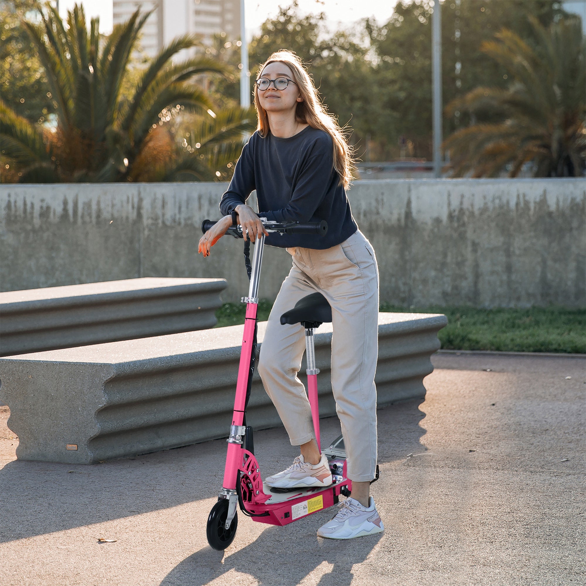 HOMCOM 120W Teens Foldable Kids Powered Scooters 24V Rechargeable Battery Adjustable Ride on Outdoor Toy (Pink) - anydaydirect