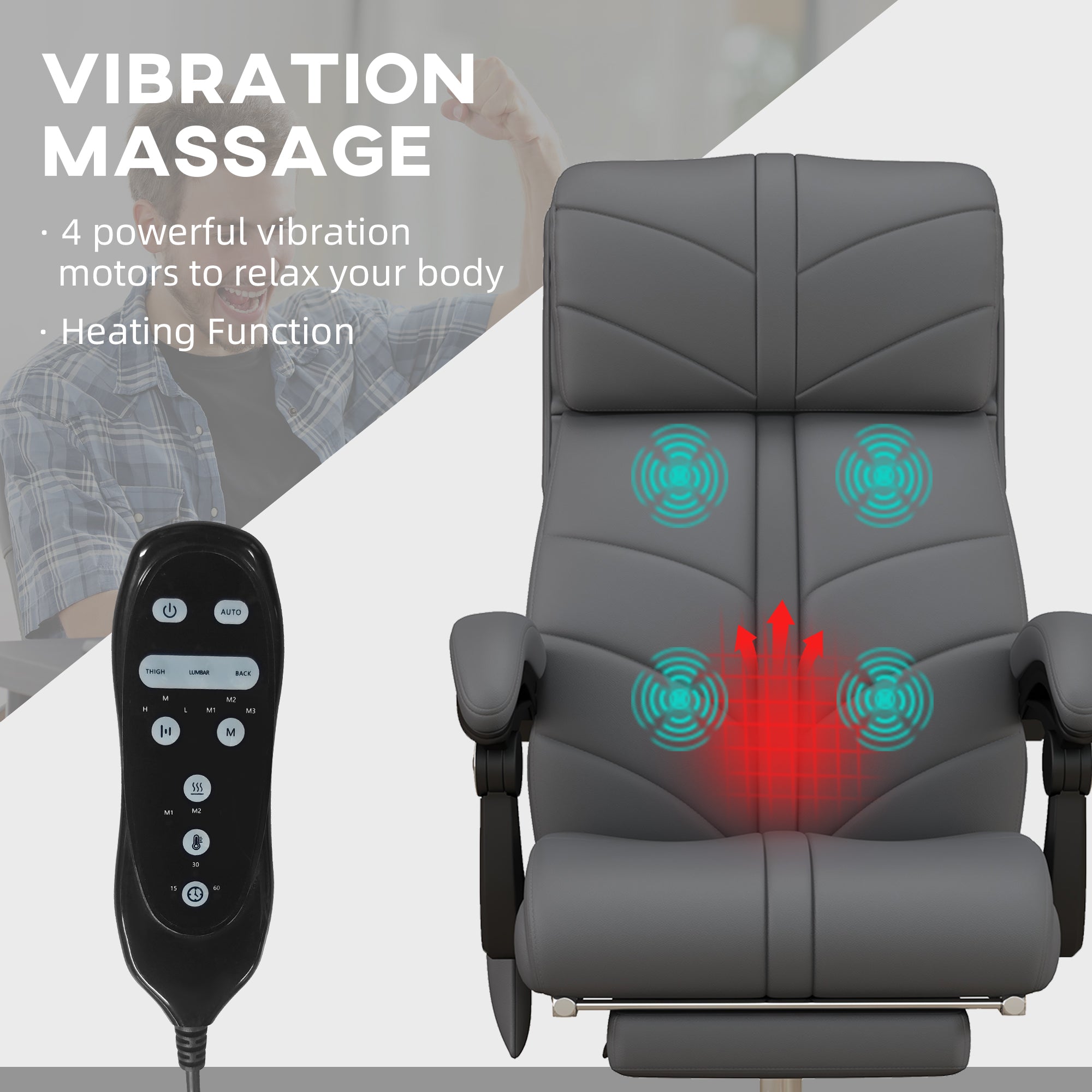 Vinsetto High Back Vibration Massage Office Chair, Heated Reclining PU Leather Computer Chair with Footrest, Grey - anydaydirect