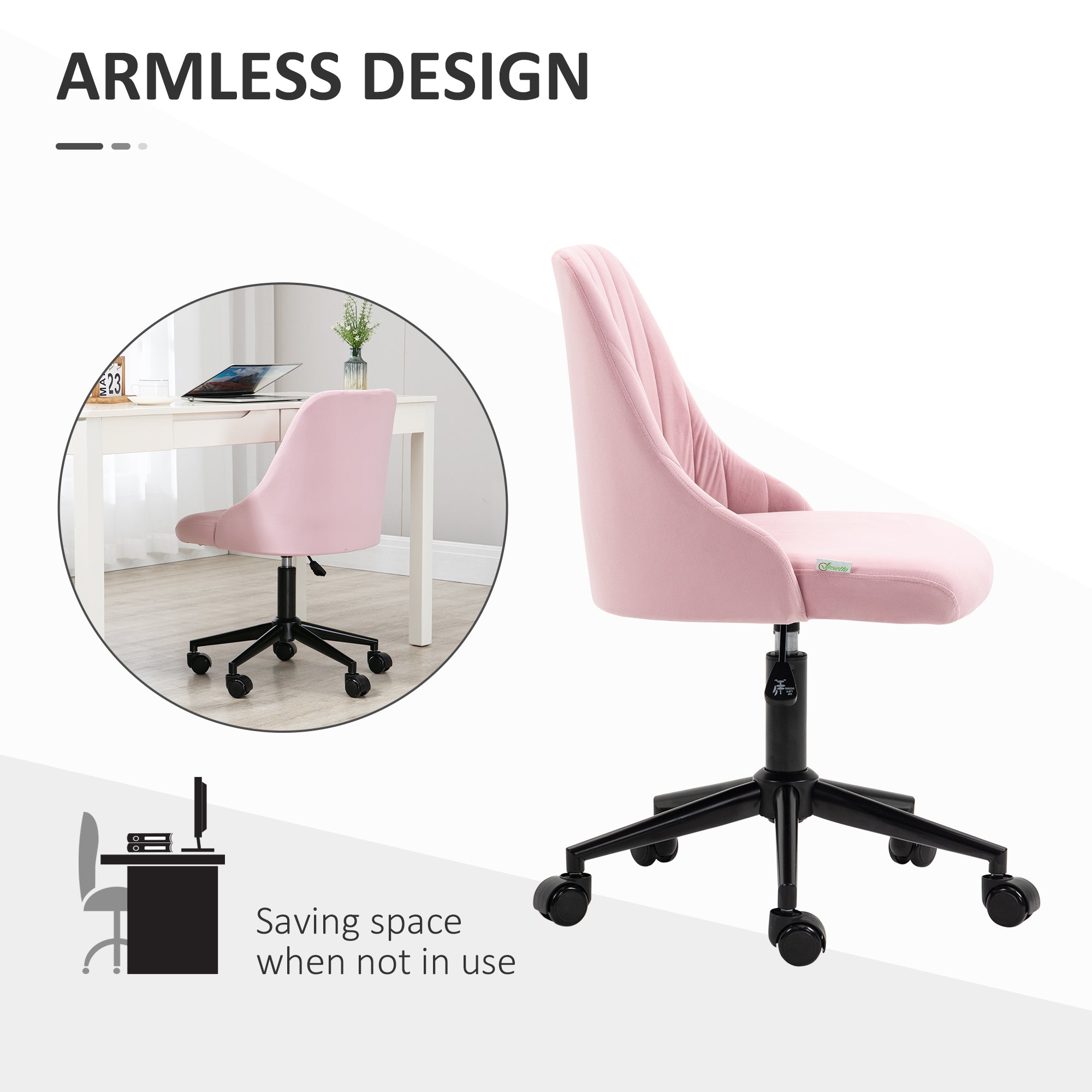 Vinsetto Velvet-Feel Armless Office Chair - Pink - anydaydirect