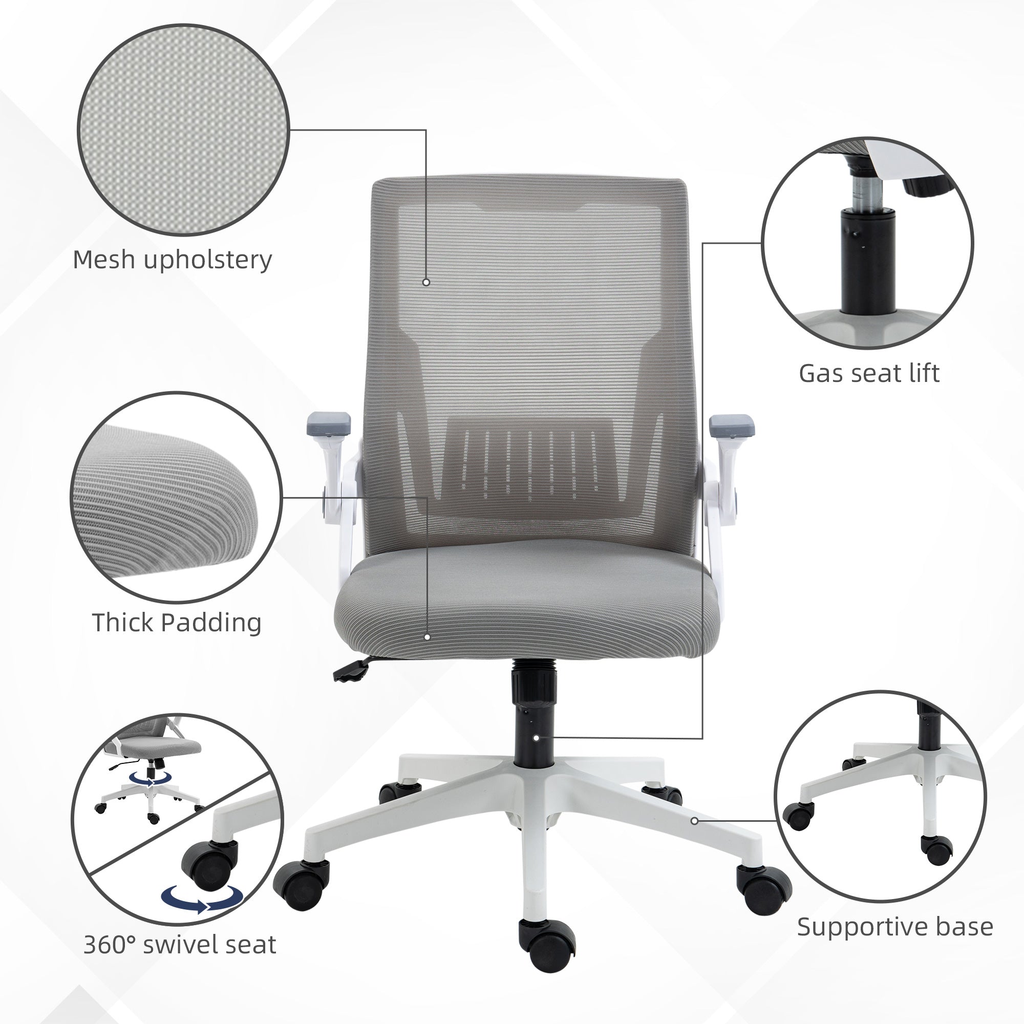 Vinsetto Mesh Office Chair, Desk Chair with Lumbar Support, Flip-up Armrest, Swivel Wheels, Adjustable Height, Grey - anydaydirect