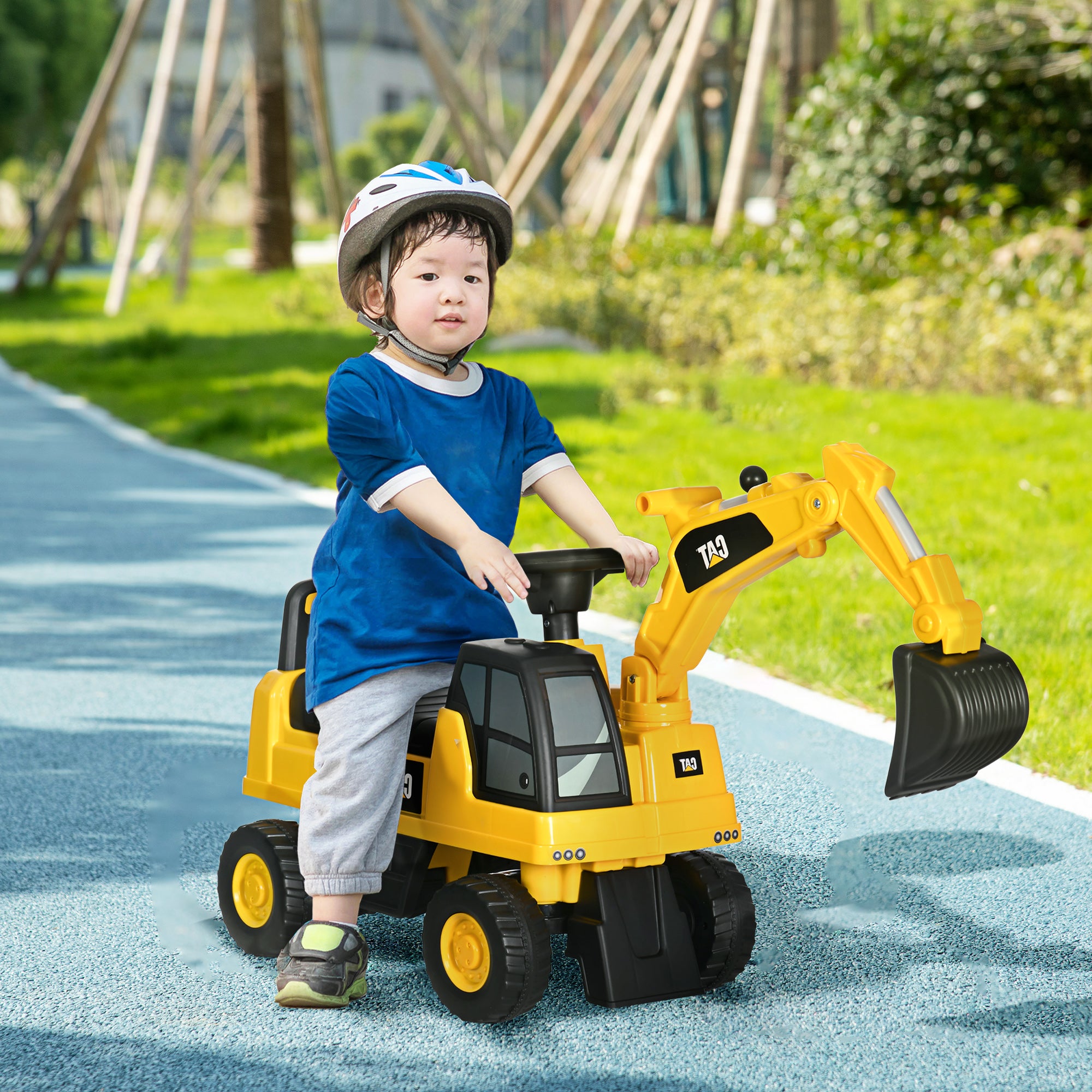 HOMCOM Licensed CAT Kids Ride on Digger Excavator with Manual Bucket, Toddler Pretend Construction Play Toy with Horn Under Seat Storage - anydaydirect