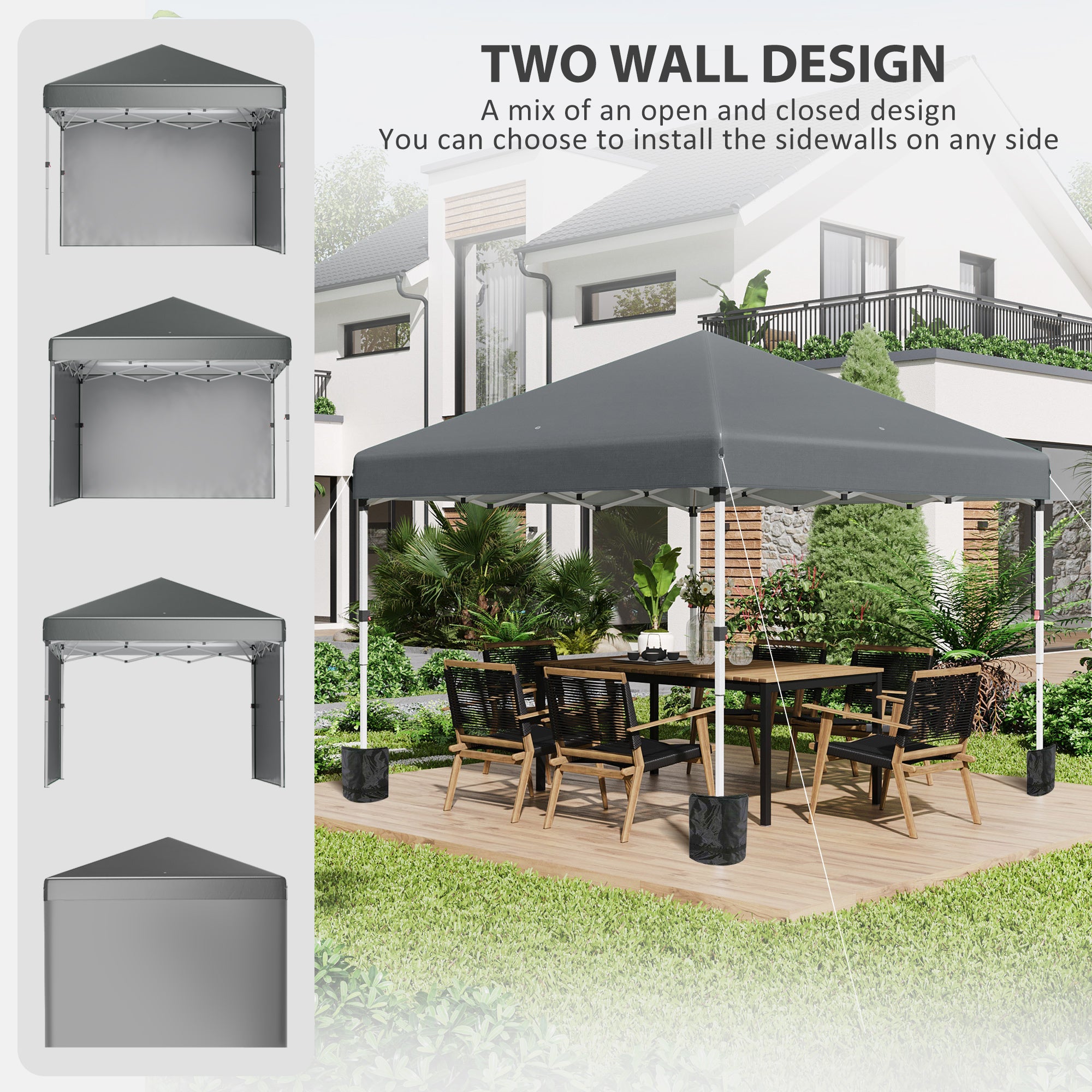 Outsunny 3 x 3 (M) Pop Up Gazebo, UPF 30+ with 2 Sidewalls, Leg Weight Bags and Wheeled Bag, Height Adjustable Party Tent Event Shelter for Garden, Patio, Dark Grey - anydaydirect