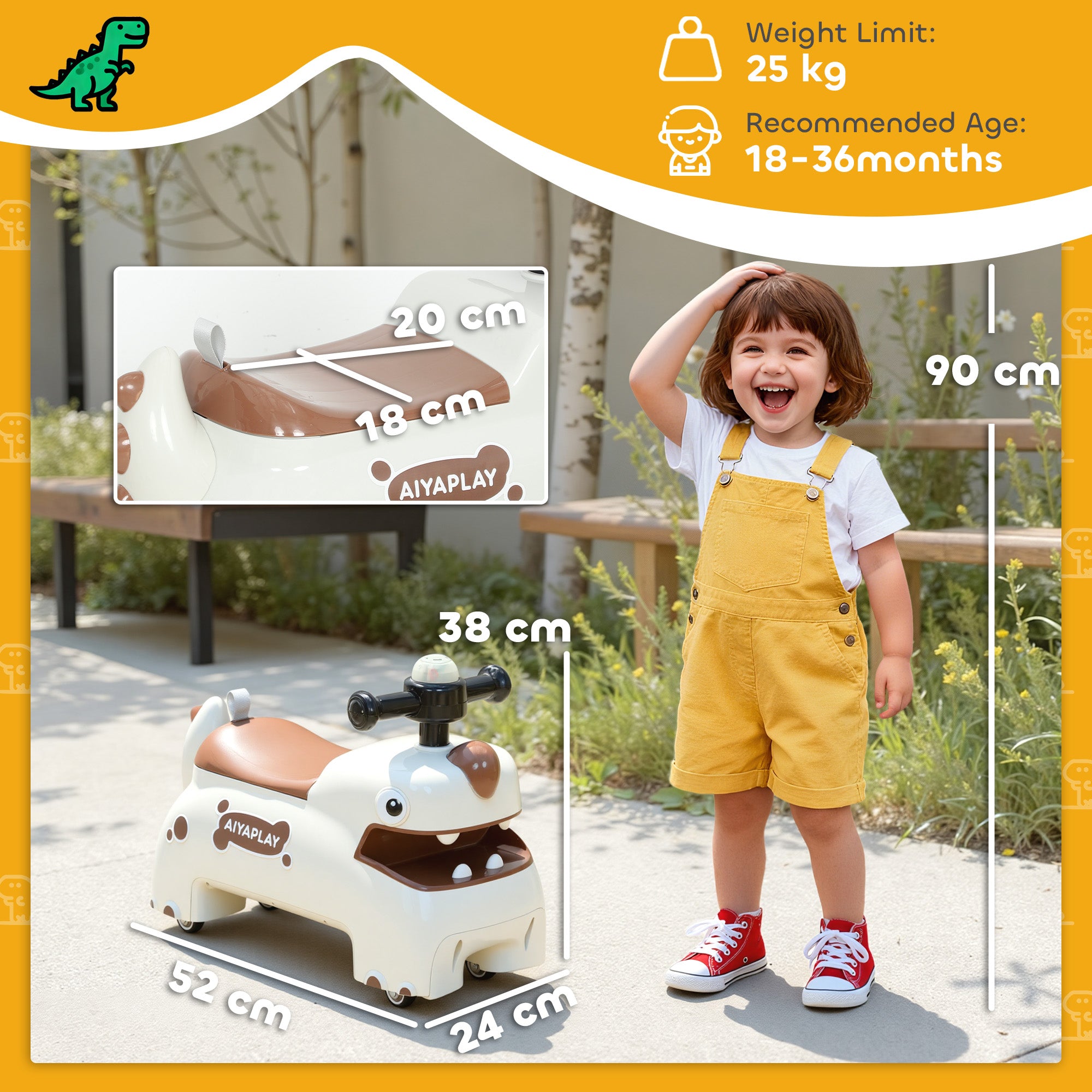 AIYAPLAY Kids Ride On Car, Dinosaur Foot to Floor Slider with Storage, Toddler Walker with Light, Sounds, Cream - anydaydirect