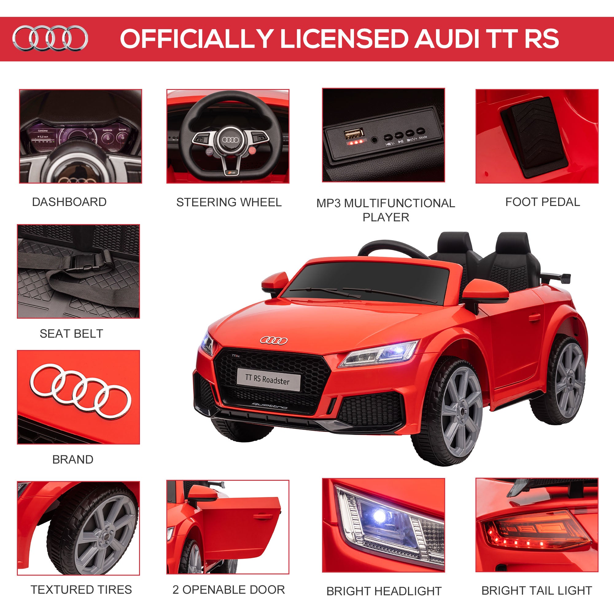 HOMCOM Compatible for 12V Rechargeable Battery Ride On Car w/ Remote Forward Reverse Lights Horn MP3 Player Red w/ Seat Belt Audi TT RS - anydaydirect