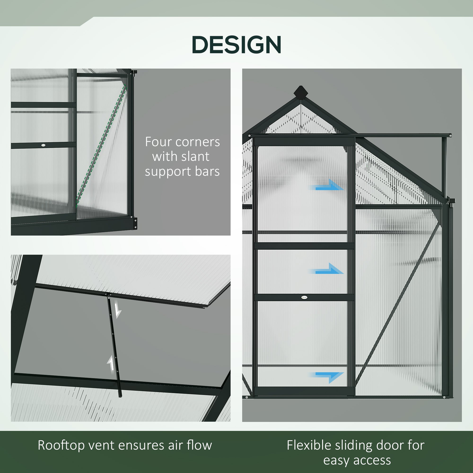 Outsunny 6 x 8ft Polycarbonate Greenhouse, Large Walk-In Green House with Slide Door and Window, Garden Plants Grow House with Aluminium Frame and Foundation, Grey - anydaydirect