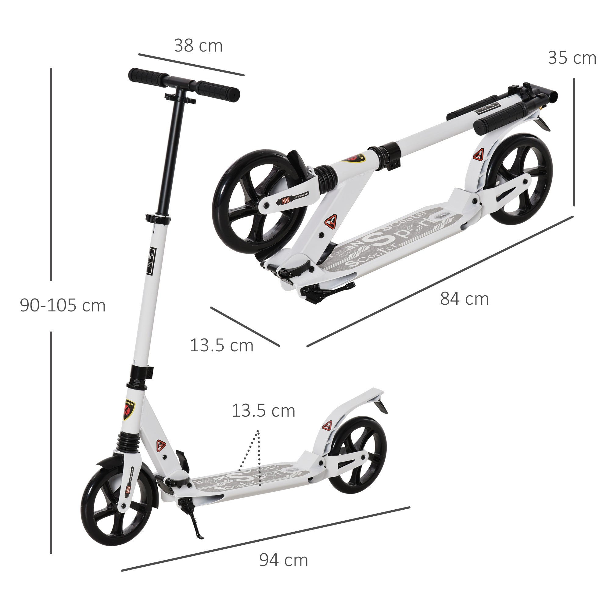 HOMCOM Folding Kick Scooter, Adjustable Ride On Scooter with 200mm Big Wheels and Double Shock Absorption, Urban Scooter for 14+ Teens Adult, White - anydaydirect