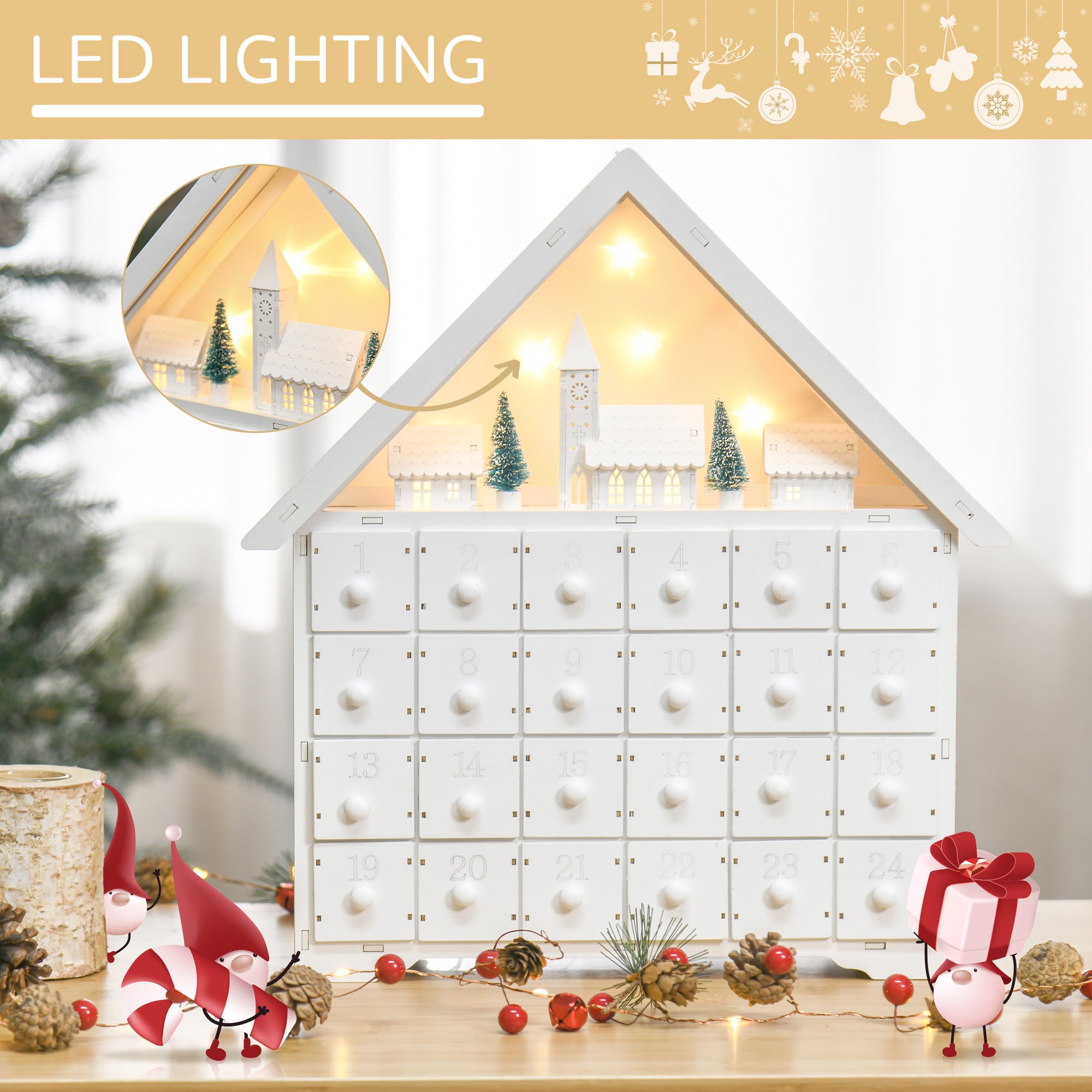 HOMCOM Christmas Advent Calendar, Light Up Table Xmas Wooden House Holiday Decoration with Countdown Drawer, Village, White - anydaydirect