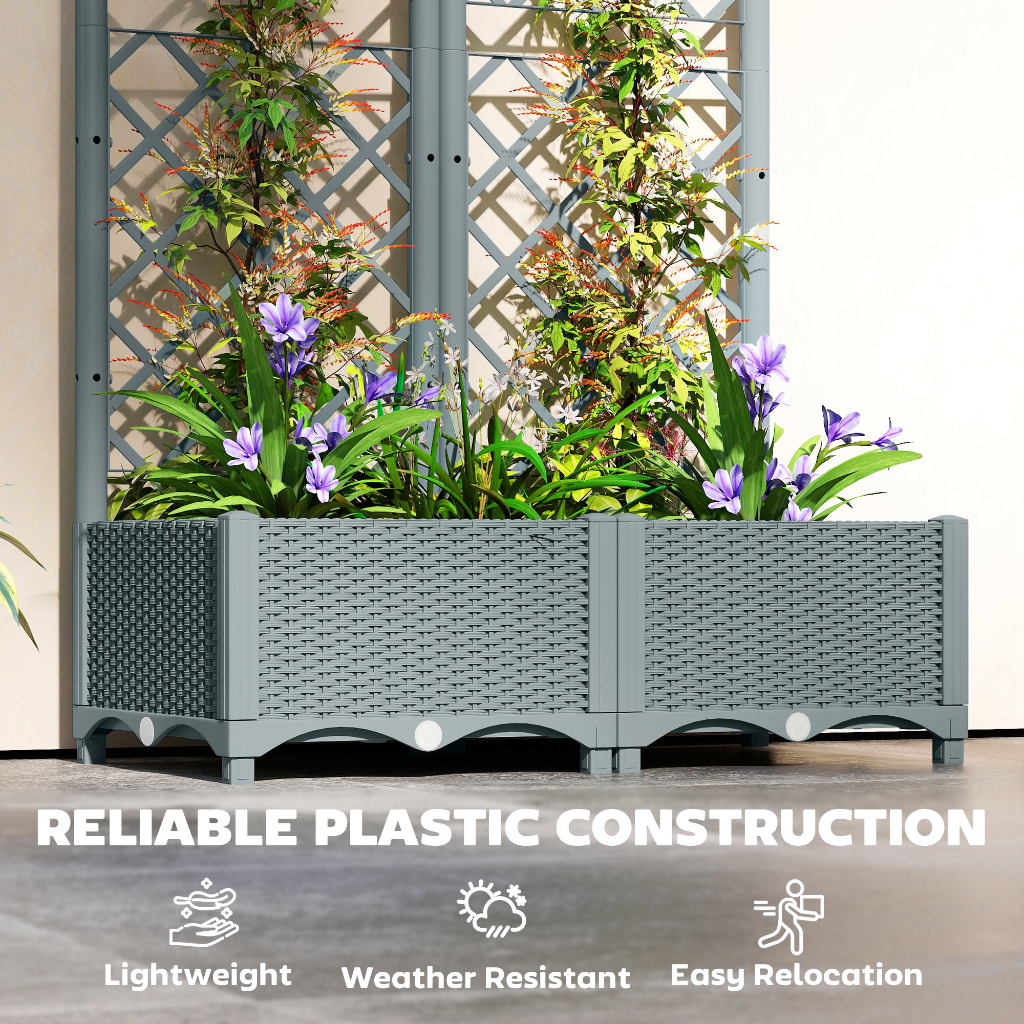 Outsunny Raised Garden Bed with Trellis, Plastic Planter Box with Drainage Holes, Drain Plugs and Water Reservoirs for Climbing Plants, Vegetables, Flowers, Grey - anydaydirect