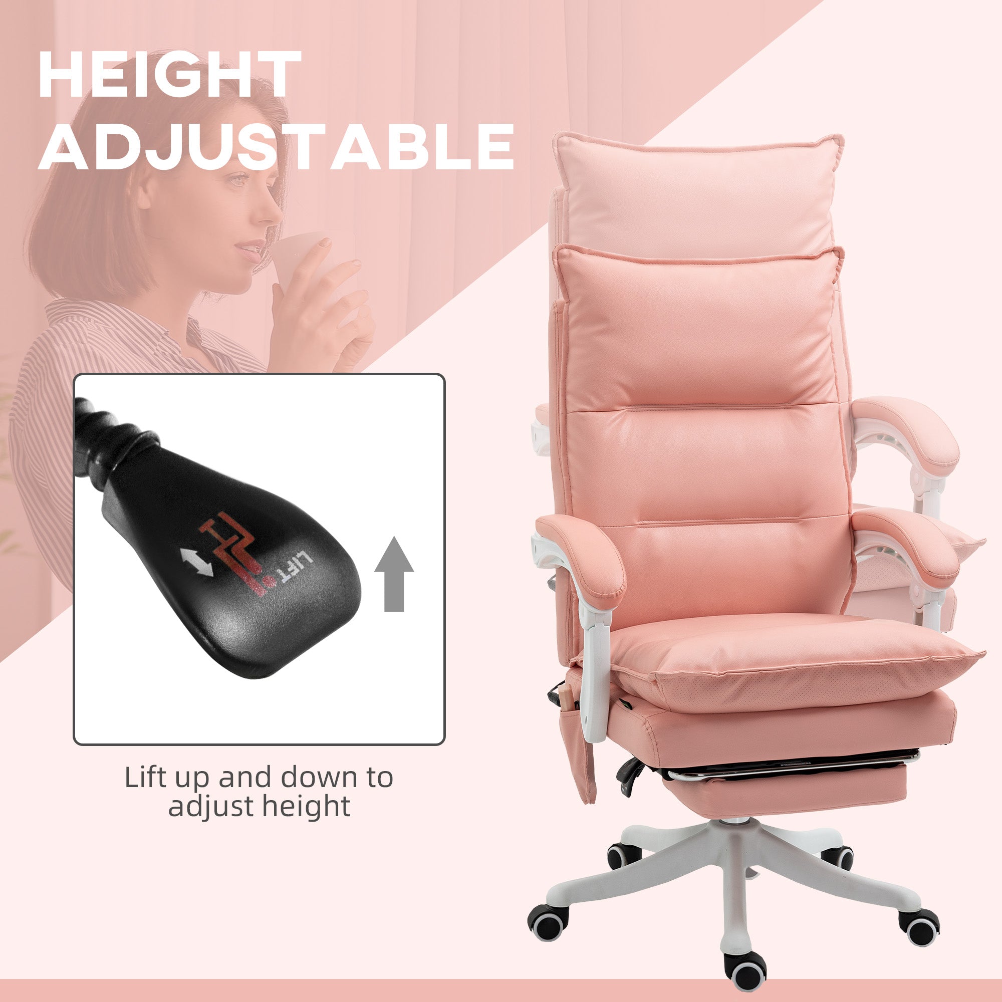 Vinsetto Vibration Massage Office Chair with Heat, Ergonomic Computer Desk Chairs, Faux Leather Desk Chair with Footrest, Armrest and Reclining Backrest, Pink - anydaydirect