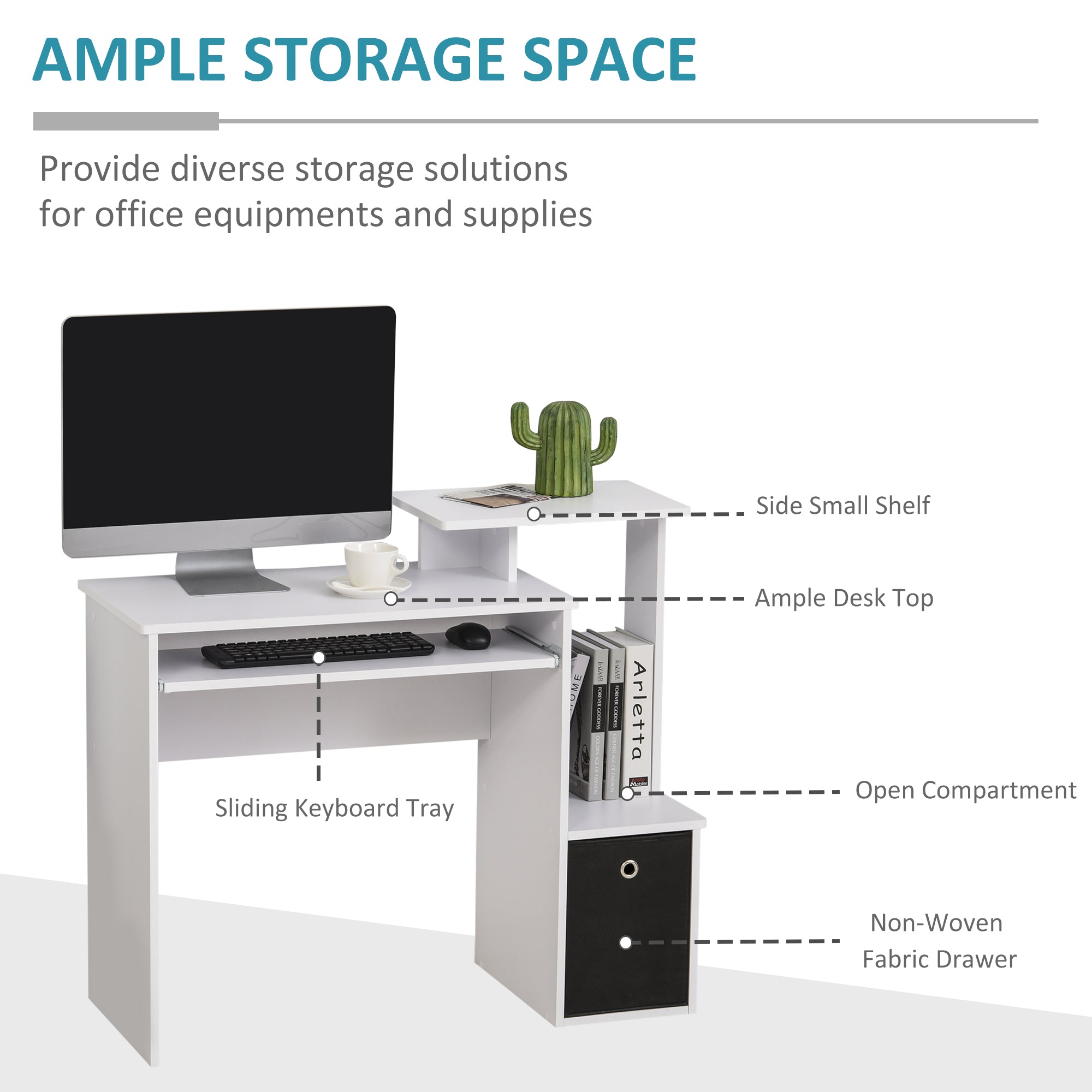 HOMCOM Computer Desk with Sliding Keyboard Tray Storage Drawer Shelf Home Office Workstation White - anydaydirect