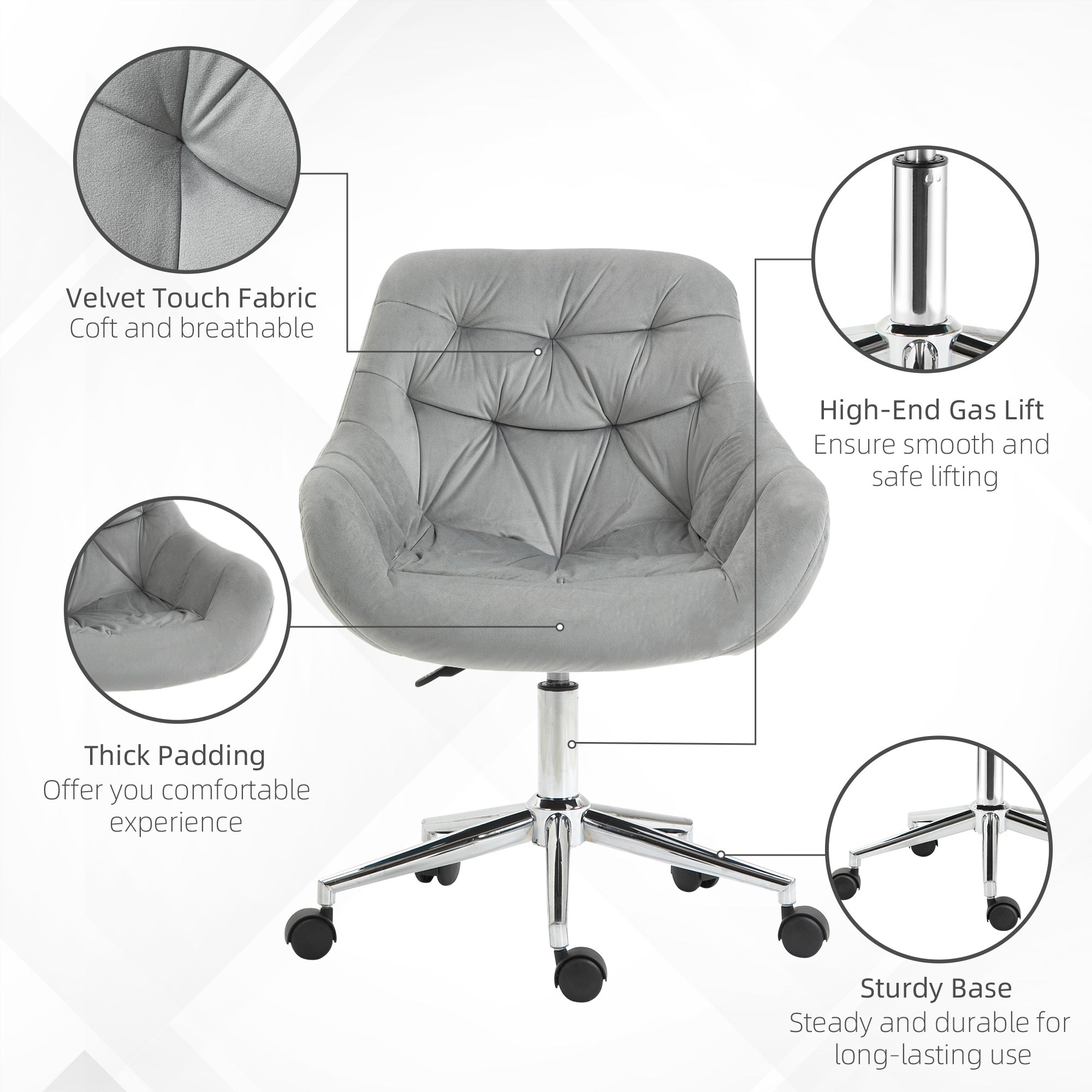 Vinsetto Home Office Chair Velvet Ergonomic Computer Chair Comfy Desk Chair with Adjustable Height, Arm and Back Support, Grey - anydaydirect