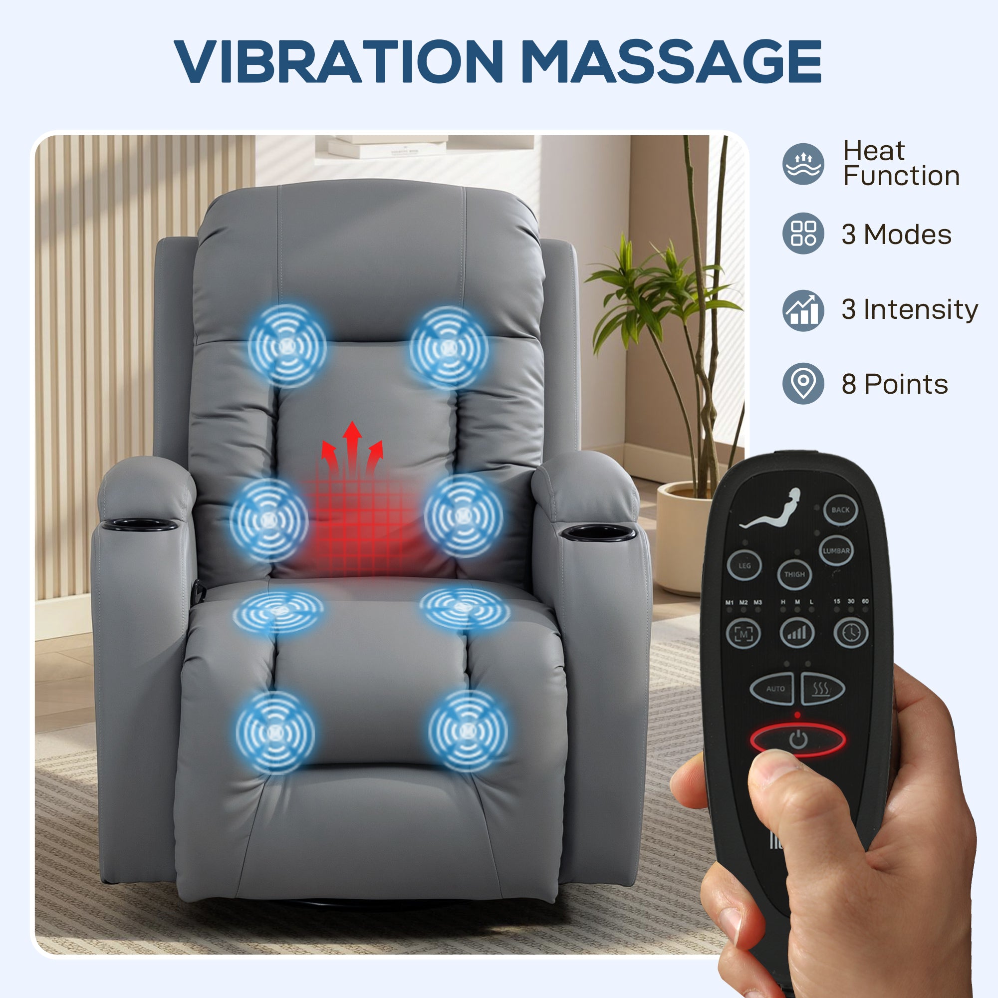 HOMCOM Massage Recliner Armchair, PU Leather Recliner Chair, Grey - anydaydirect