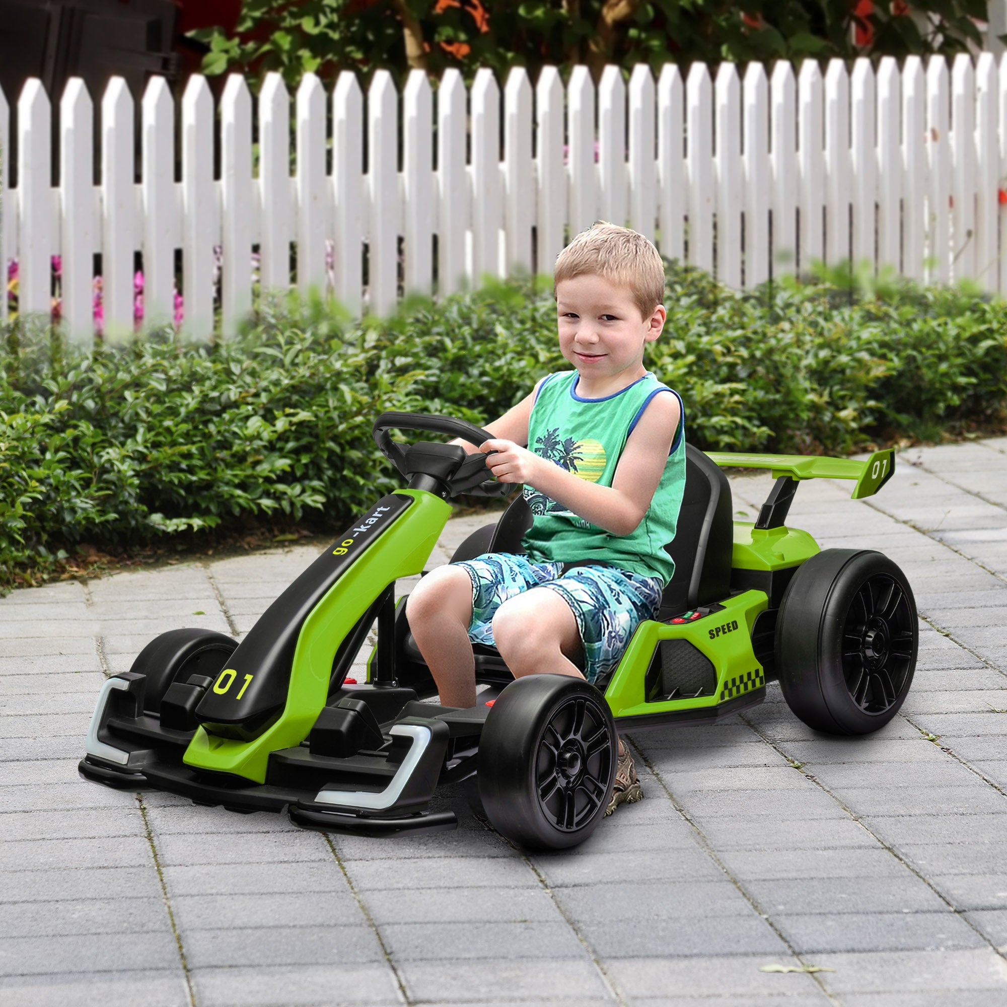 HOMCOM 24V Electric Go Kart for Kids with Adjustable Seat for 6-12 Years Old, Green - anydaydirect