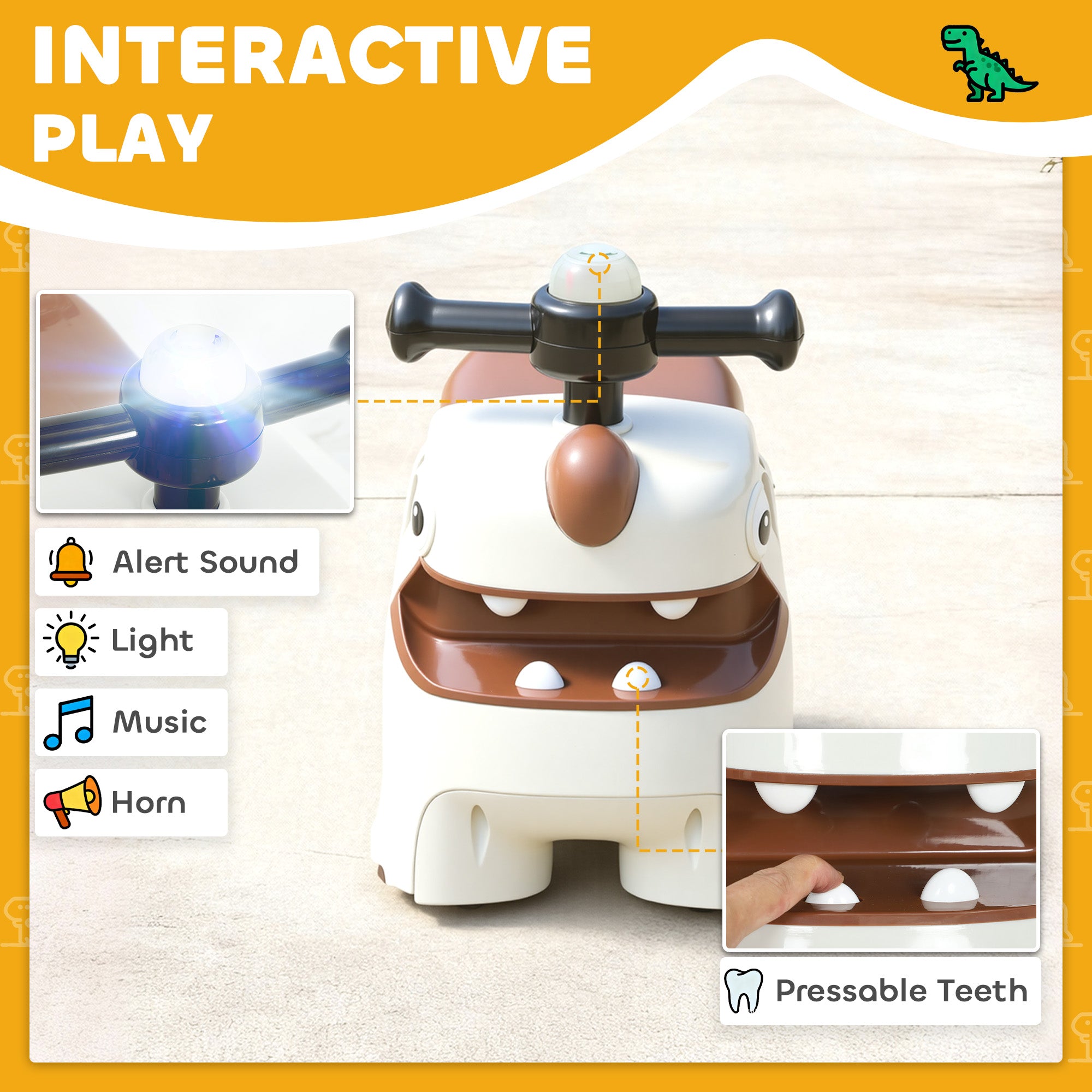 AIYAPLAY Kids Ride On Car, Dinosaur Foot to Floor Slider with Storage, Toddler Walker with Light, Sounds, Cream - anydaydirect