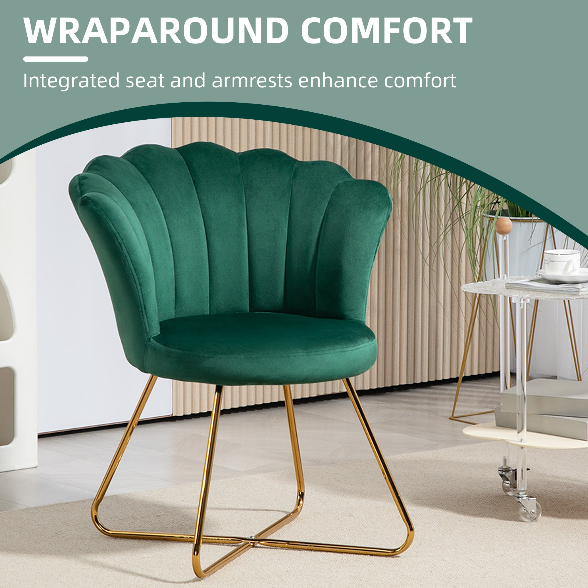 HOMCOM Velvet-Feel Lotus Petal Accent Chair - Green - anydaydirect